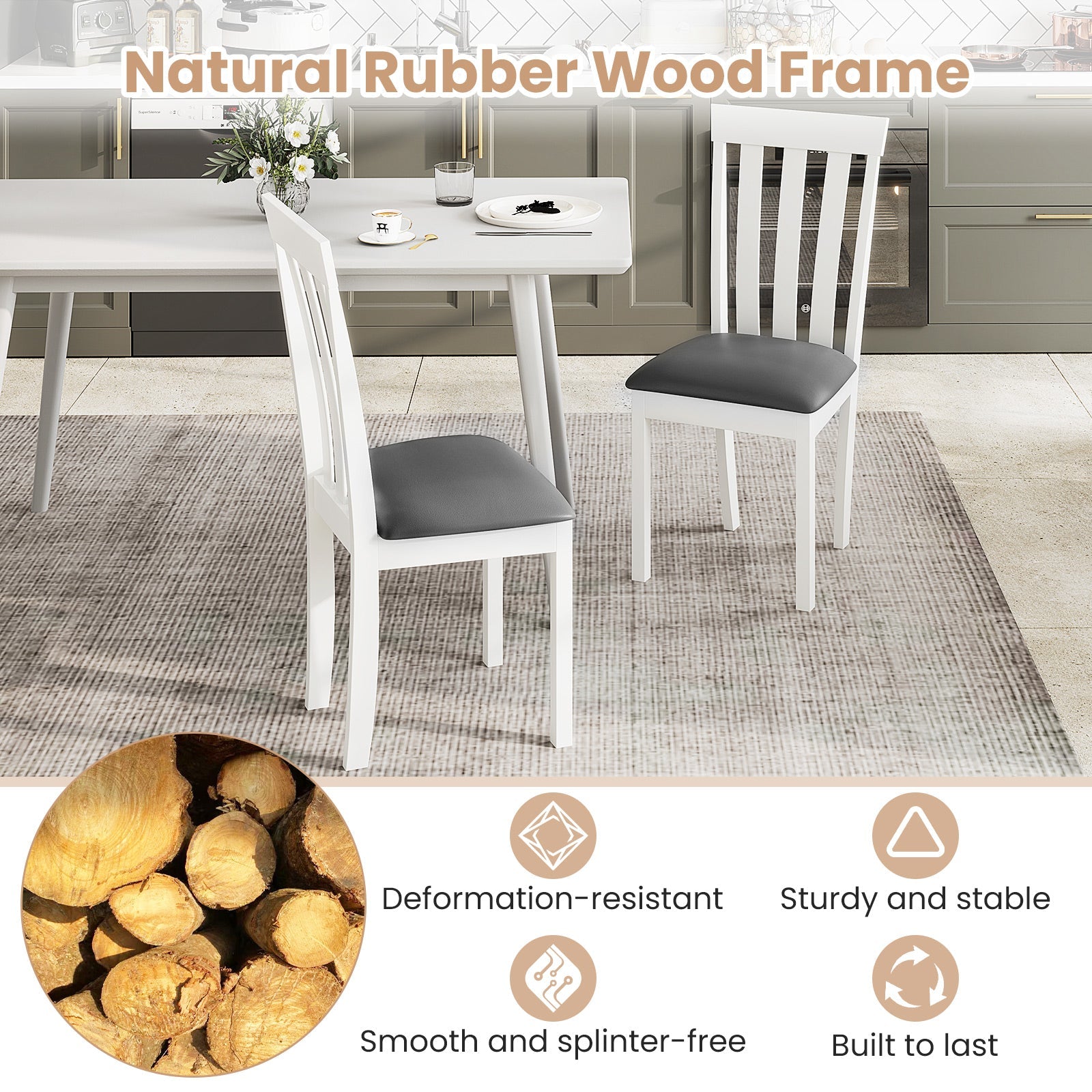 Dining Chair Set of 2 Upholstered Wooden Kitchen Chairs with Padded Seat and Rubber Wood Frame-White