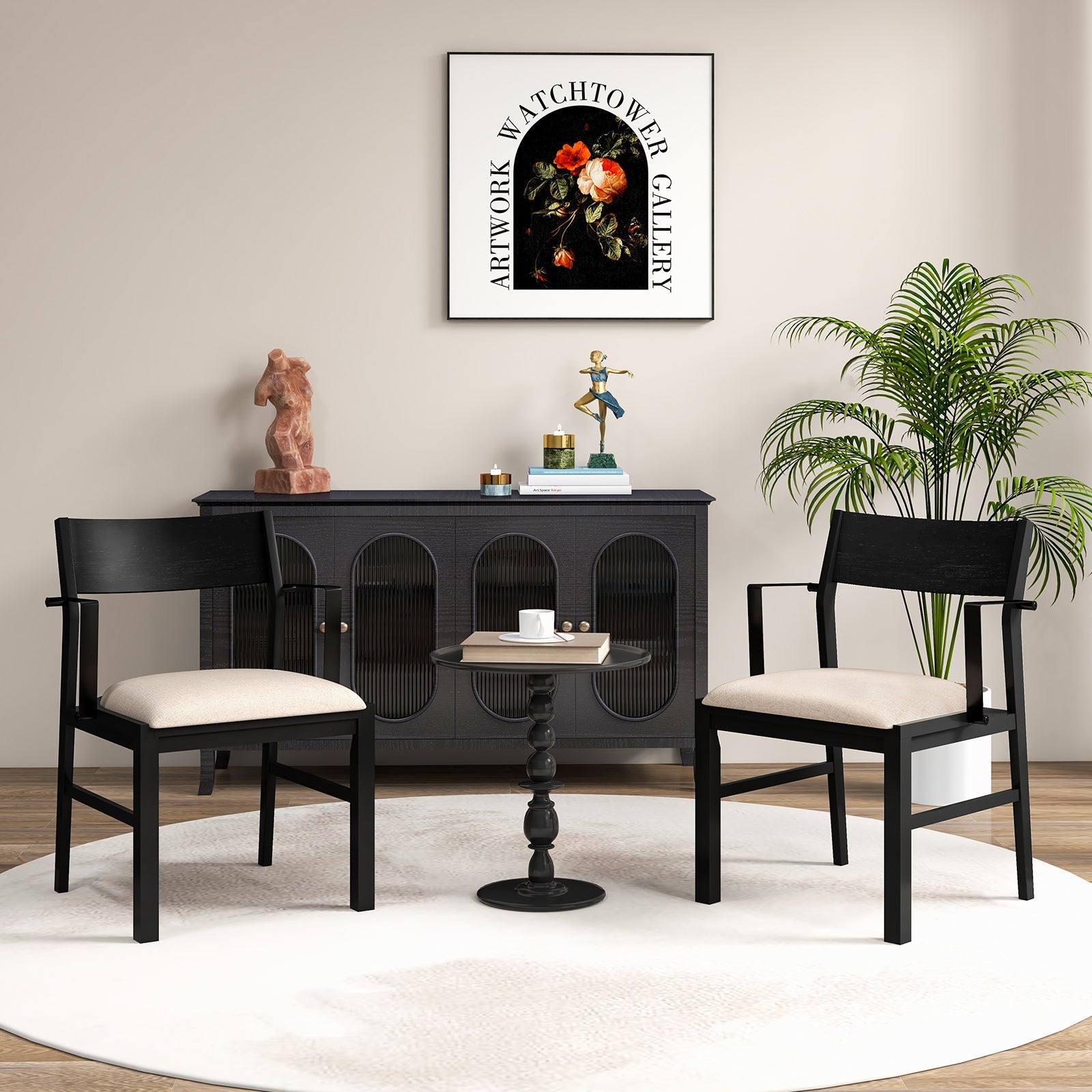 Dining Chair with Contoured Backrest and Padded Seat Set of 2-Beige