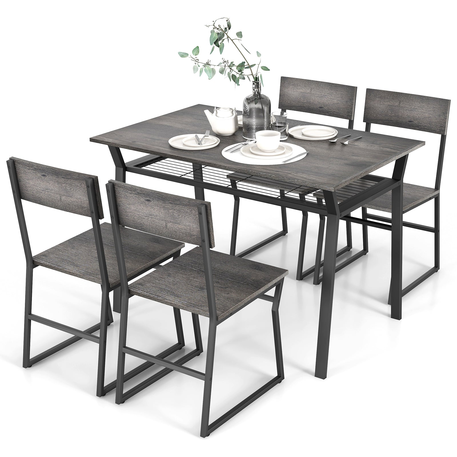 5 Piece Dining Table Set with Storage Rack and Metal Frame-Gray