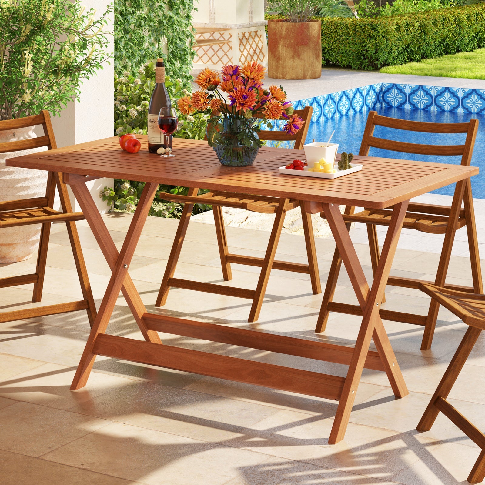 54.5 Inch x 27.5 Inch  Patio Dining Table with Teak Painting and Umbrella Hole