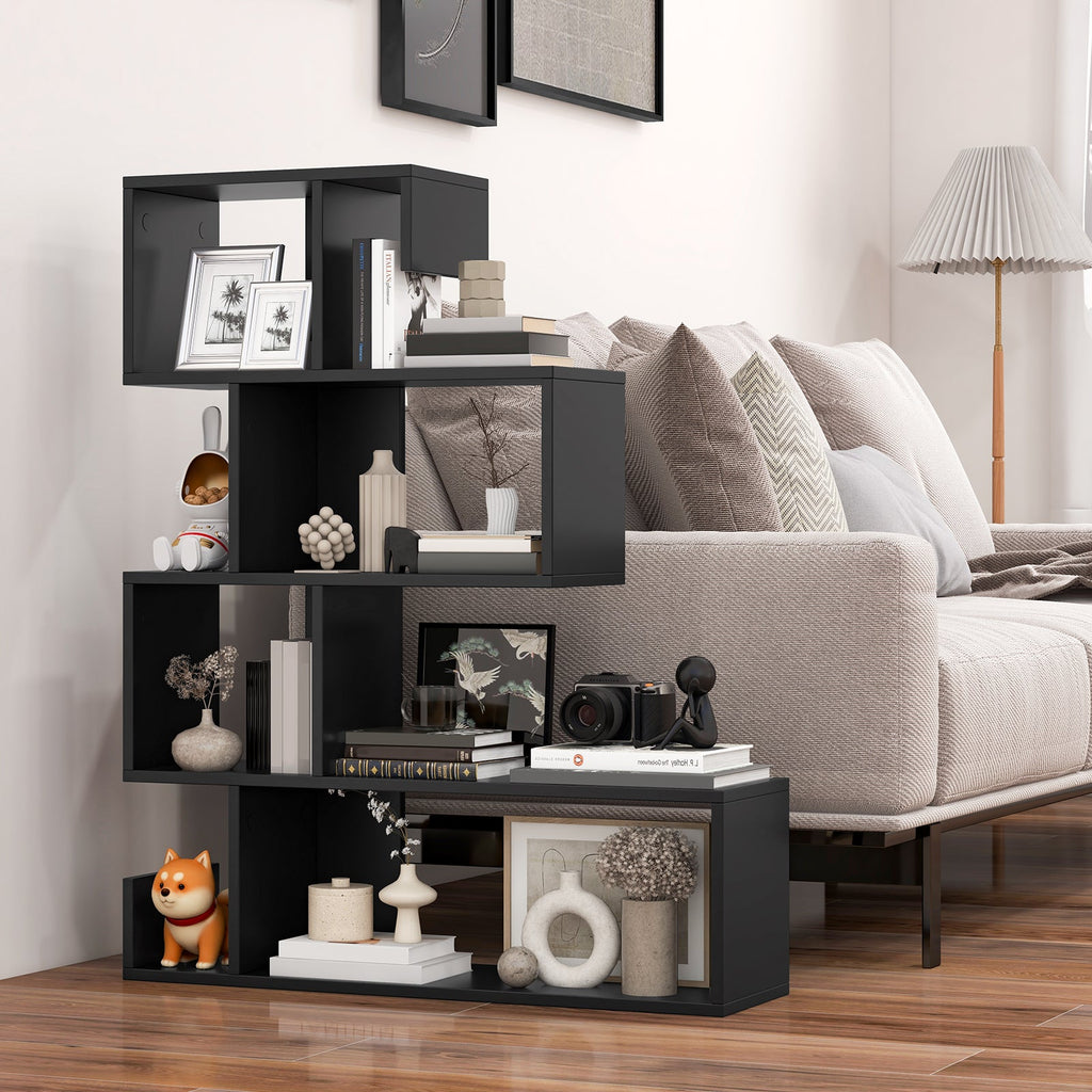 5-Tier S-Shaped Bookshelf Geometric Z-Shelf Bookcase with Open Cubes-Black