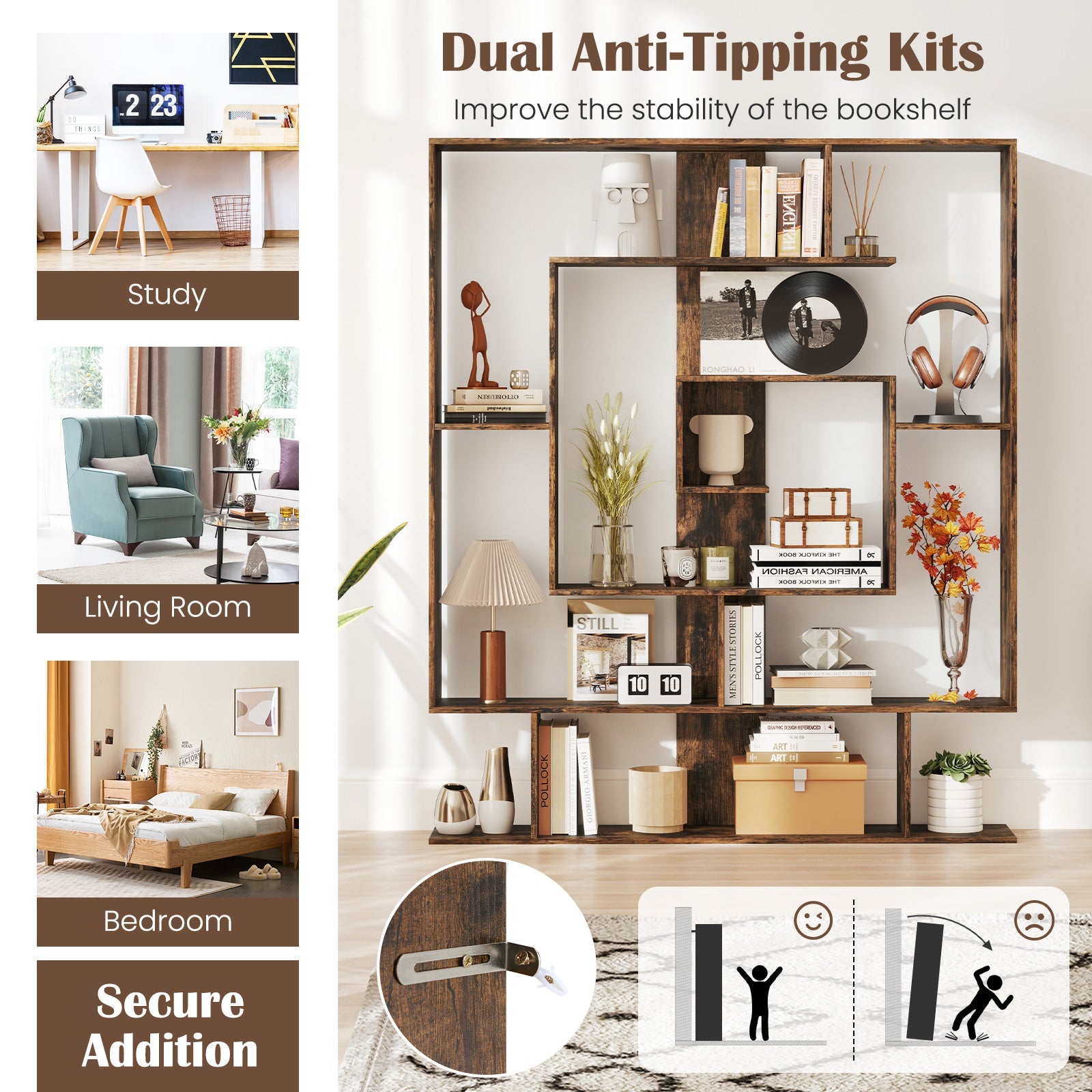 7-Tier Bookshelf  Open Display Shelf Rack for Home Office-Rustic Brown