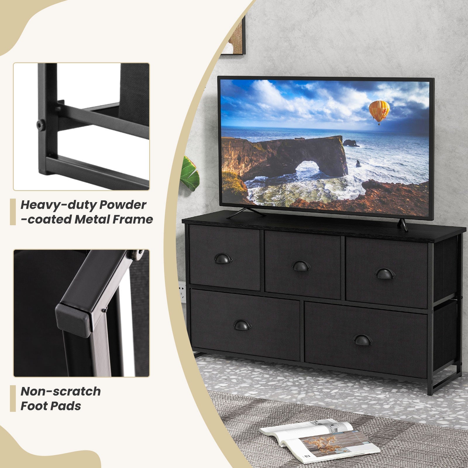 Dresser Storage Tower with 5 Foldable Cloth Storage Cubes-Black