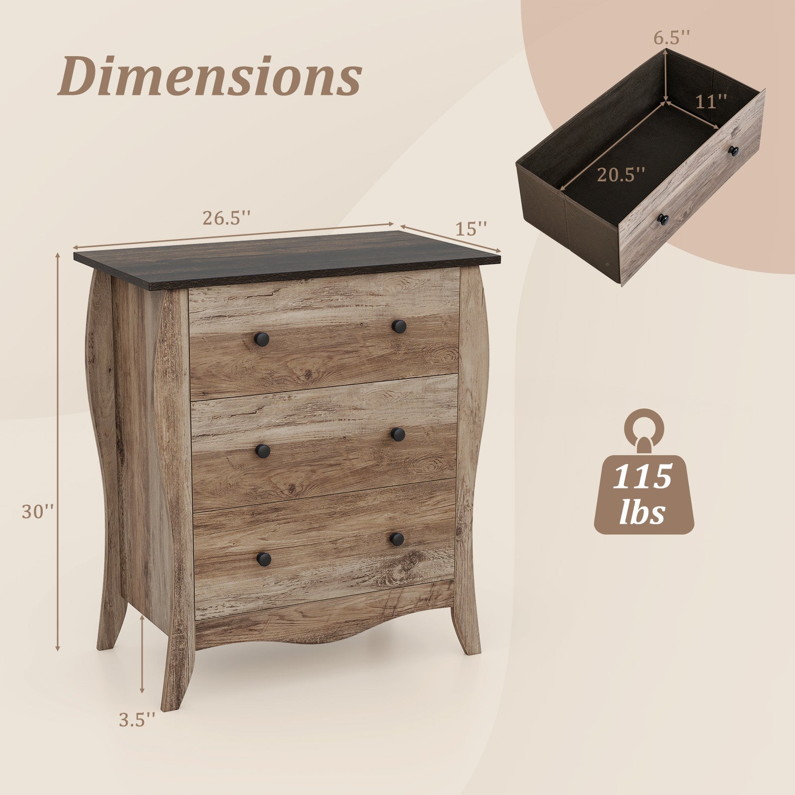 Dresser for Bedroom with 3 Folding Fabric Drawers and Anti-tipping Kit-Brown