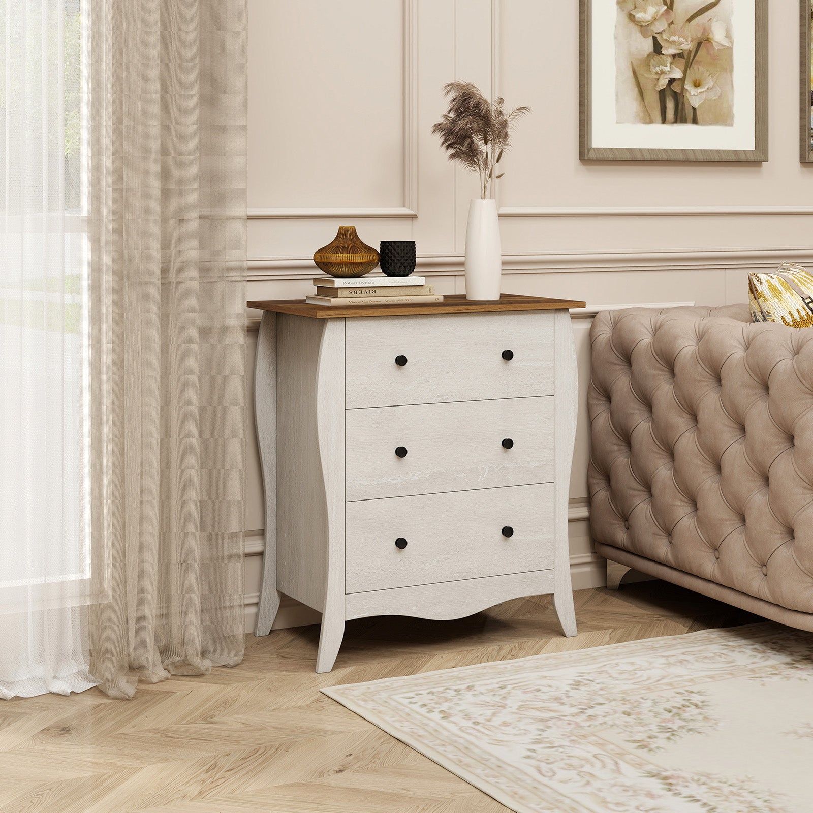 Dresser for Bedroom with 3 Folding Fabric Drawers and Anti-tipping Kit-Gray