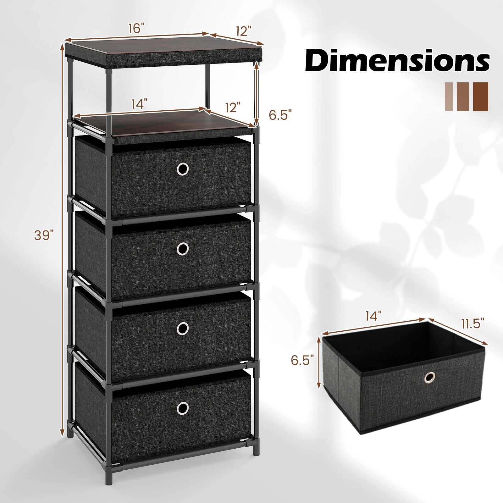 Dresser with 3/4 Drawers Fabric Storage Tower with Wood Top and Metal Frame-L