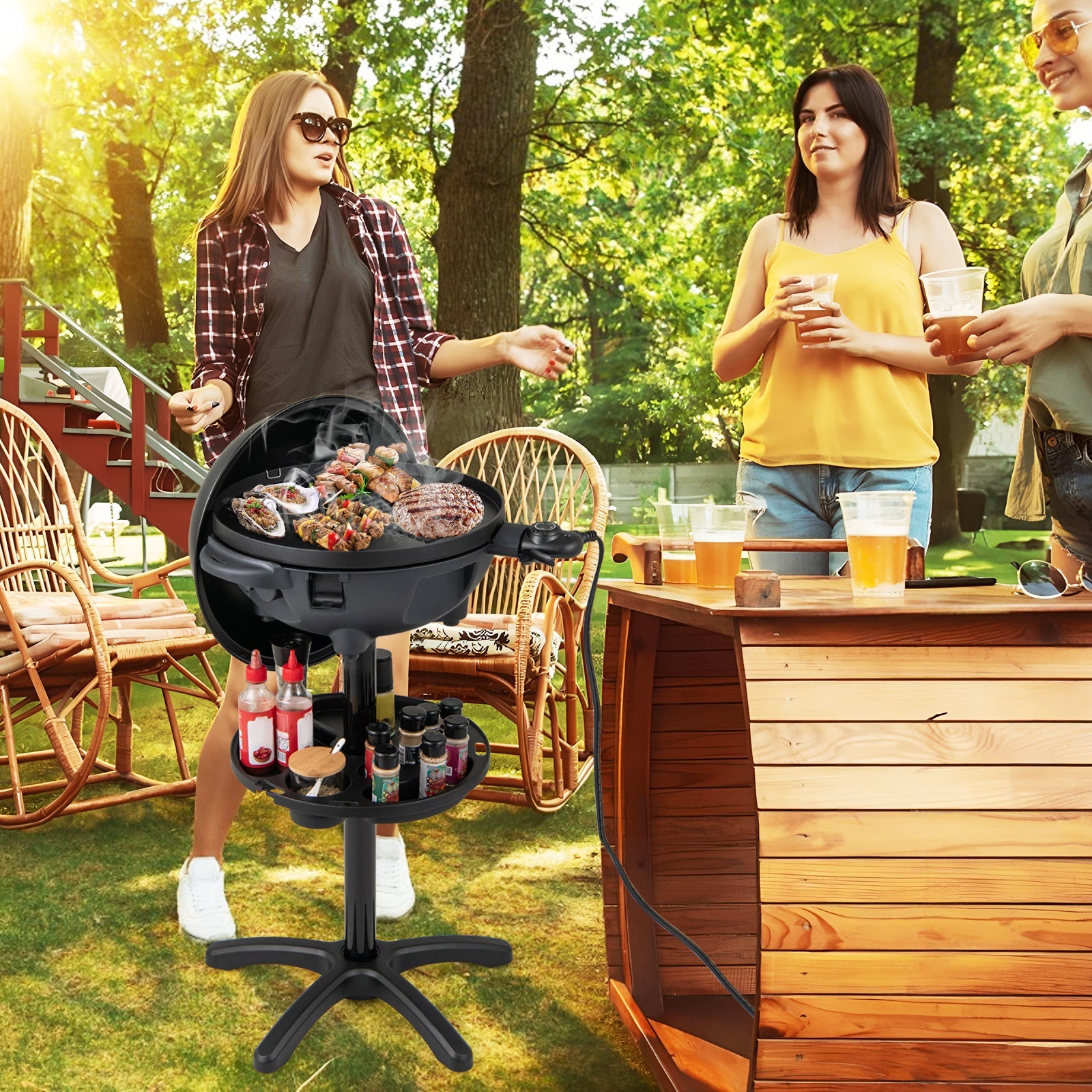 Electric BBQ Grill 1200W Indoor Outdoor Grill with 2-Zone Non-Stick Grilling Plate-Black