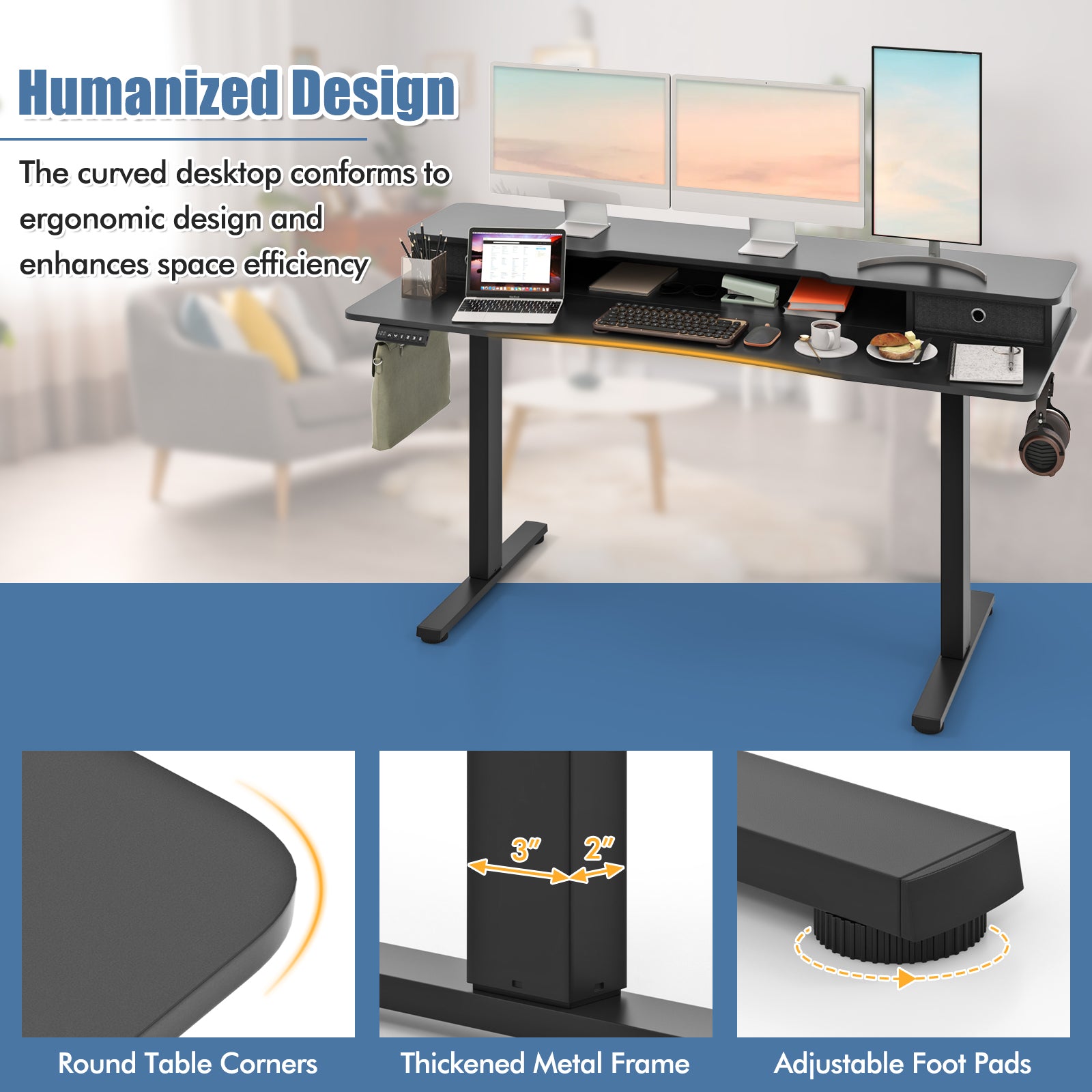 63 Inch x 24 Inch Electric Standing Desk with 2 Drawers-Black