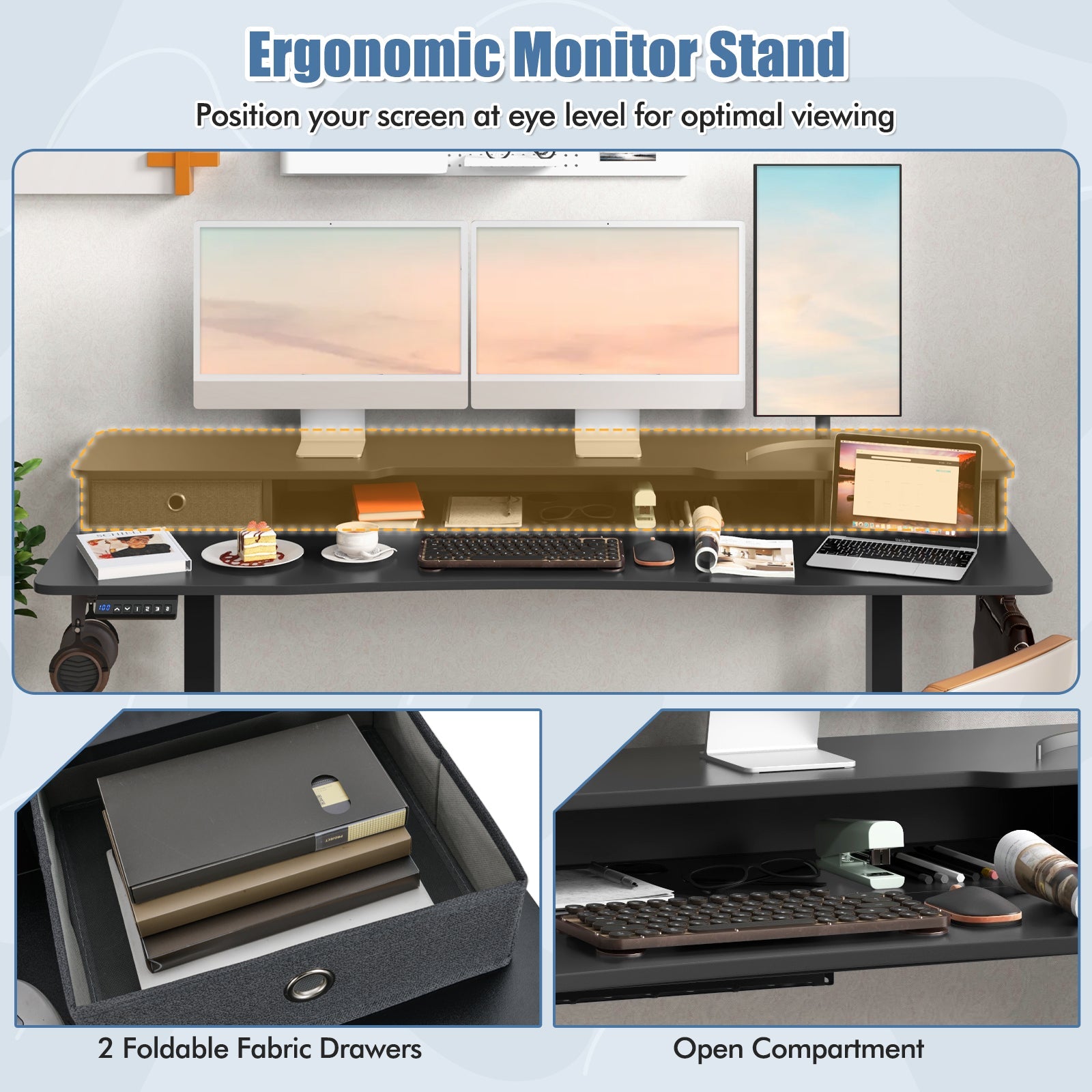 63 Inch x 24 Inch Electric Standing Desk with 2 Drawers-Black