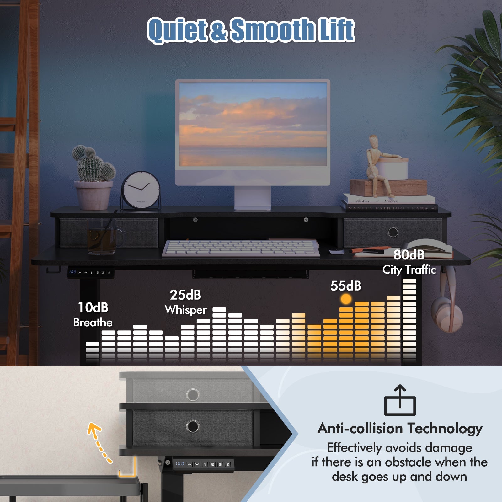 48 Inch x 24 Inch Height Adjustable Electric Standing Desk with 2 Drawers-Black