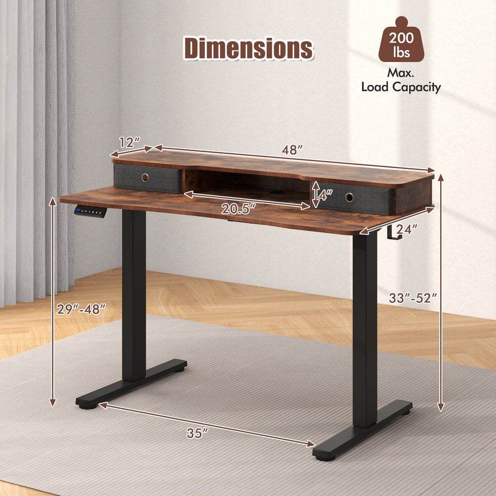 48 Inch x 24 Inch Height Adjustable Electric Standing Desk with 2 Drawers-Rustic Brown