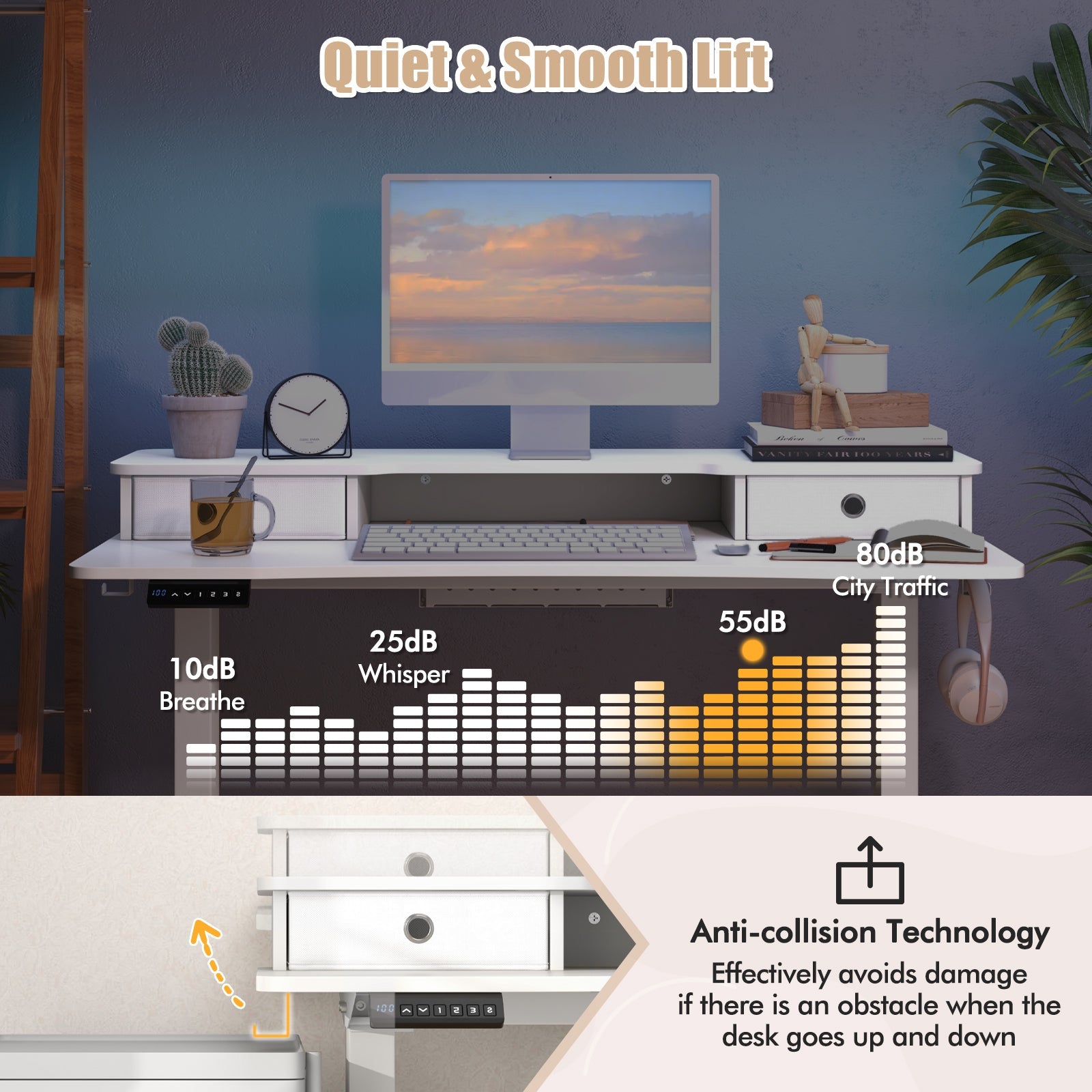 48 Inch x 24 Inch Height Adjustable Electric Standing Desk with 2 Drawers-White