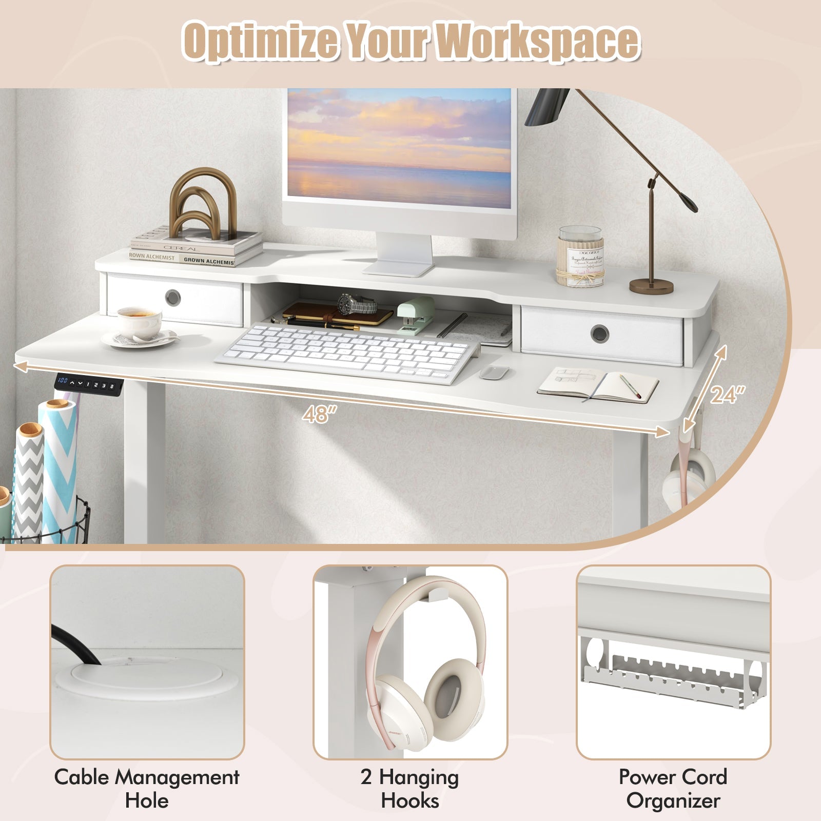 48 Inch x 24 Inch Height Adjustable Electric Standing Desk with 2 Drawers-White