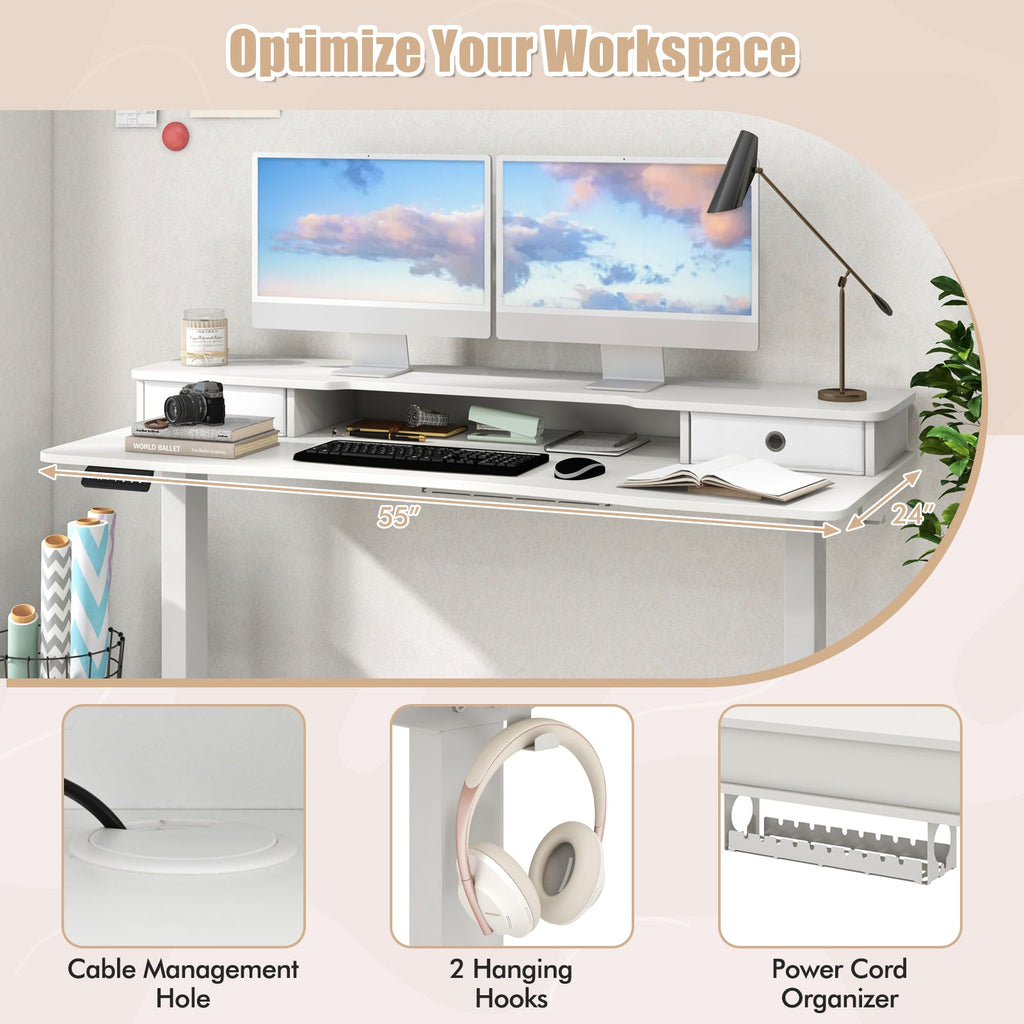55 Inch x 24 Inch Height Adjustable Electric Standing Desk with 2 Drawers-White