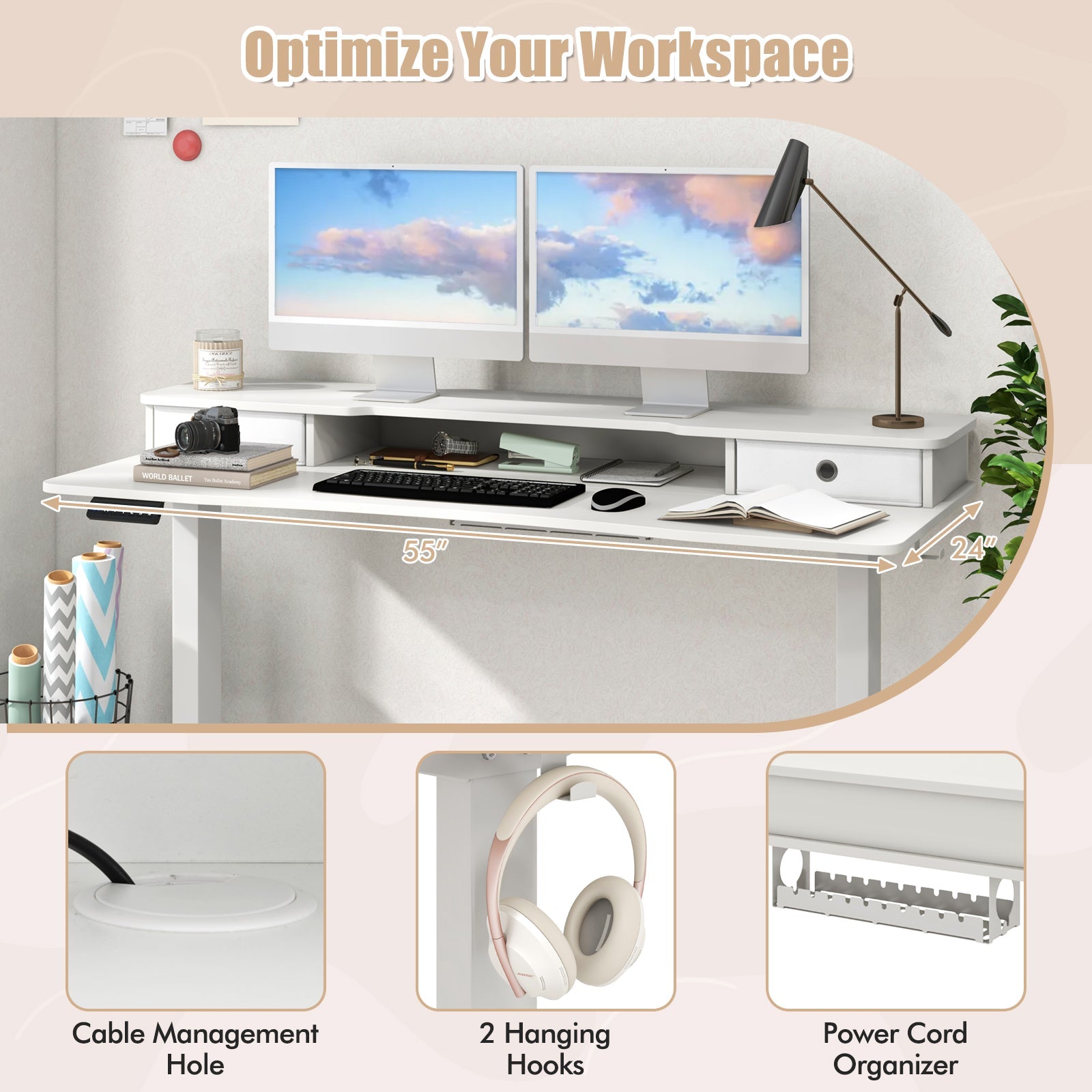 55 Inch x 24 Inch Height Adjustable Electric Standing Desk with 2 Drawers-White