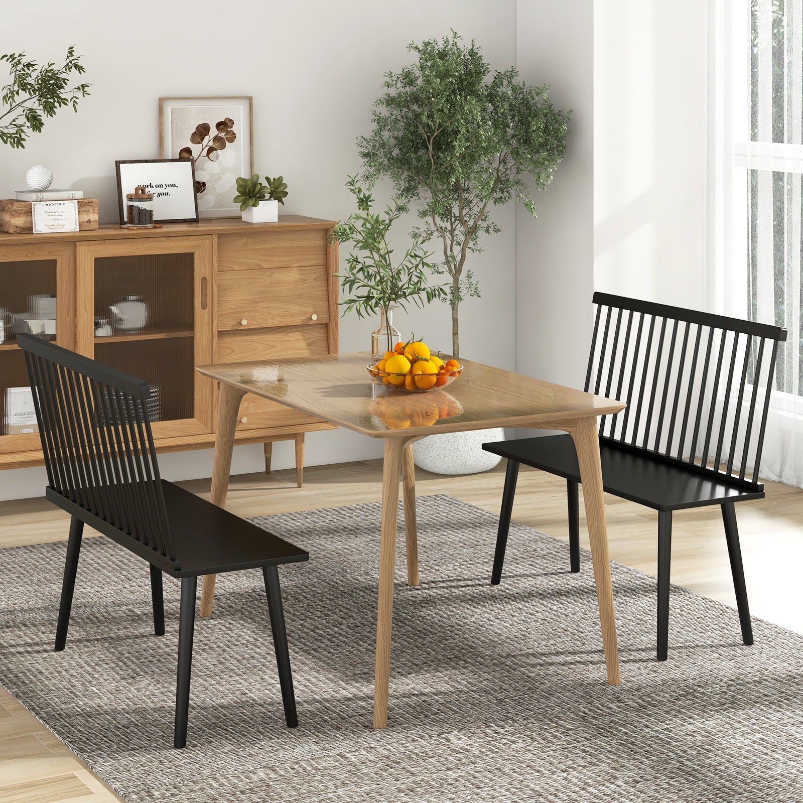 Entryway Bench for 2 with Spindle Back for Kitchen Dining Room Hallway-Black