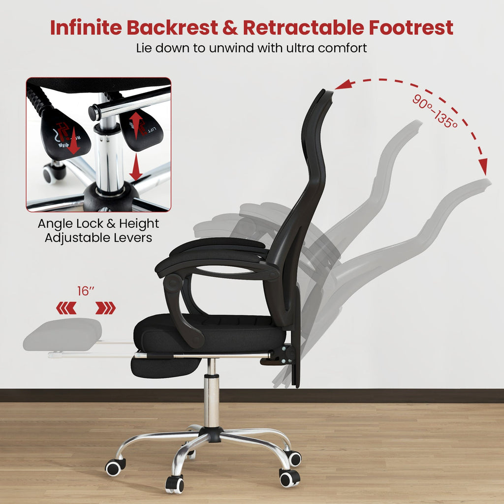 Ergonomic Mesh Office Chair with Footrest and Tilting Backrest-Black