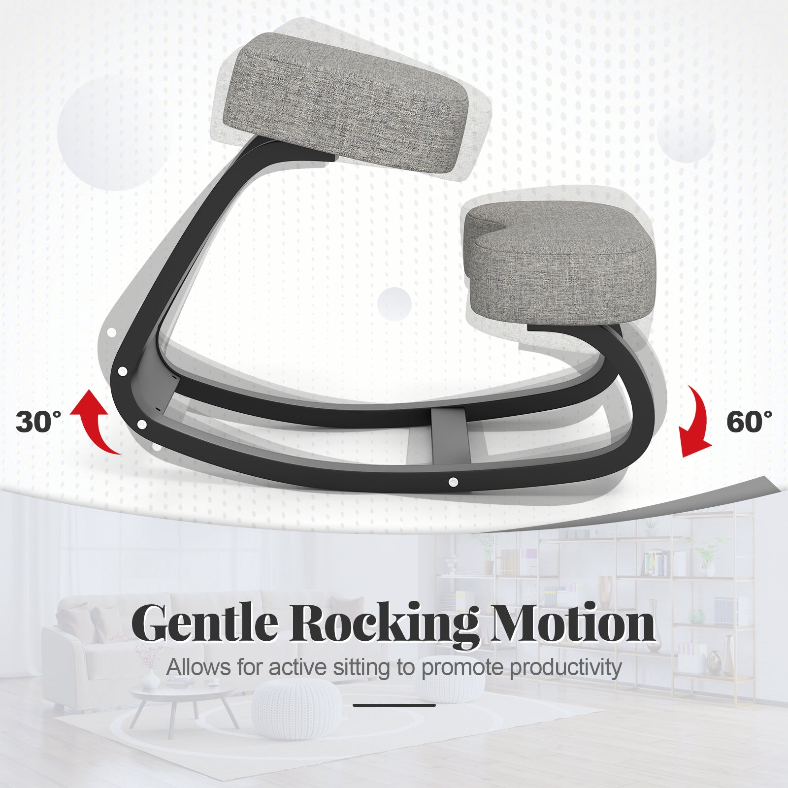 Wooden Ergonomic Backless Rocking Kneeling Chair with Padded Cushion-Gray