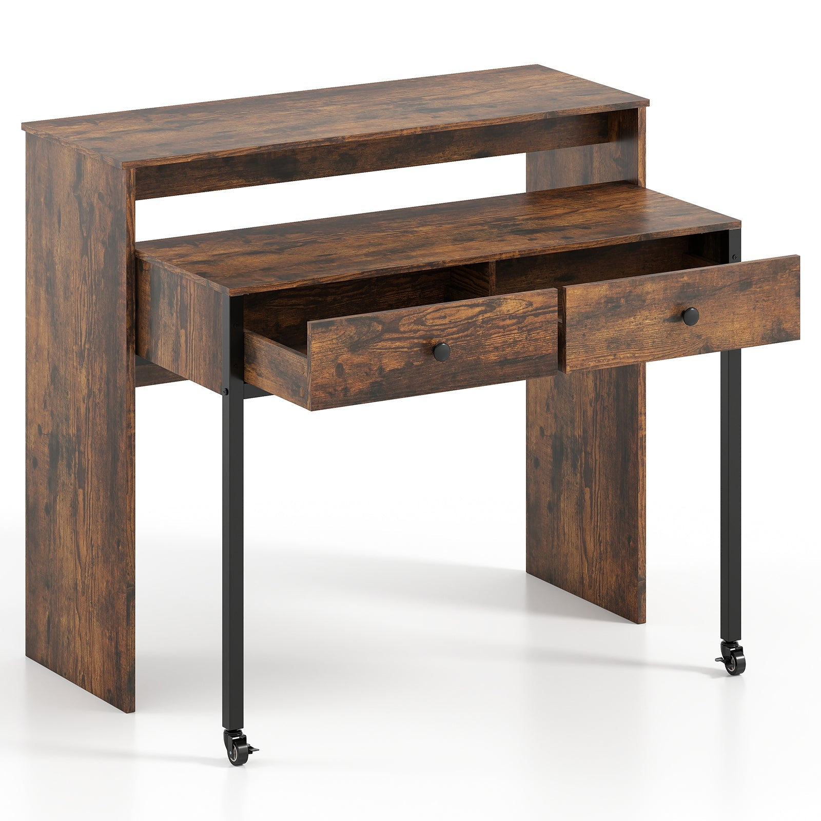 Extendable Computer Desk with 2 Storage Drawers Convertible Home Office Rolling Study Writing Desk-Rustic Brown