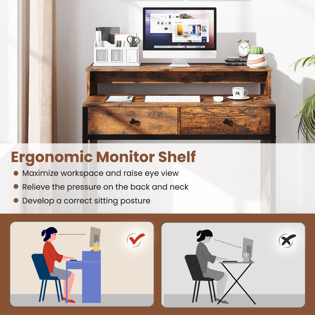 Extendable Computer Desk with 2 Storage Drawers Convertible Home Office Rolling Study Writing Desk-Rustic Brown