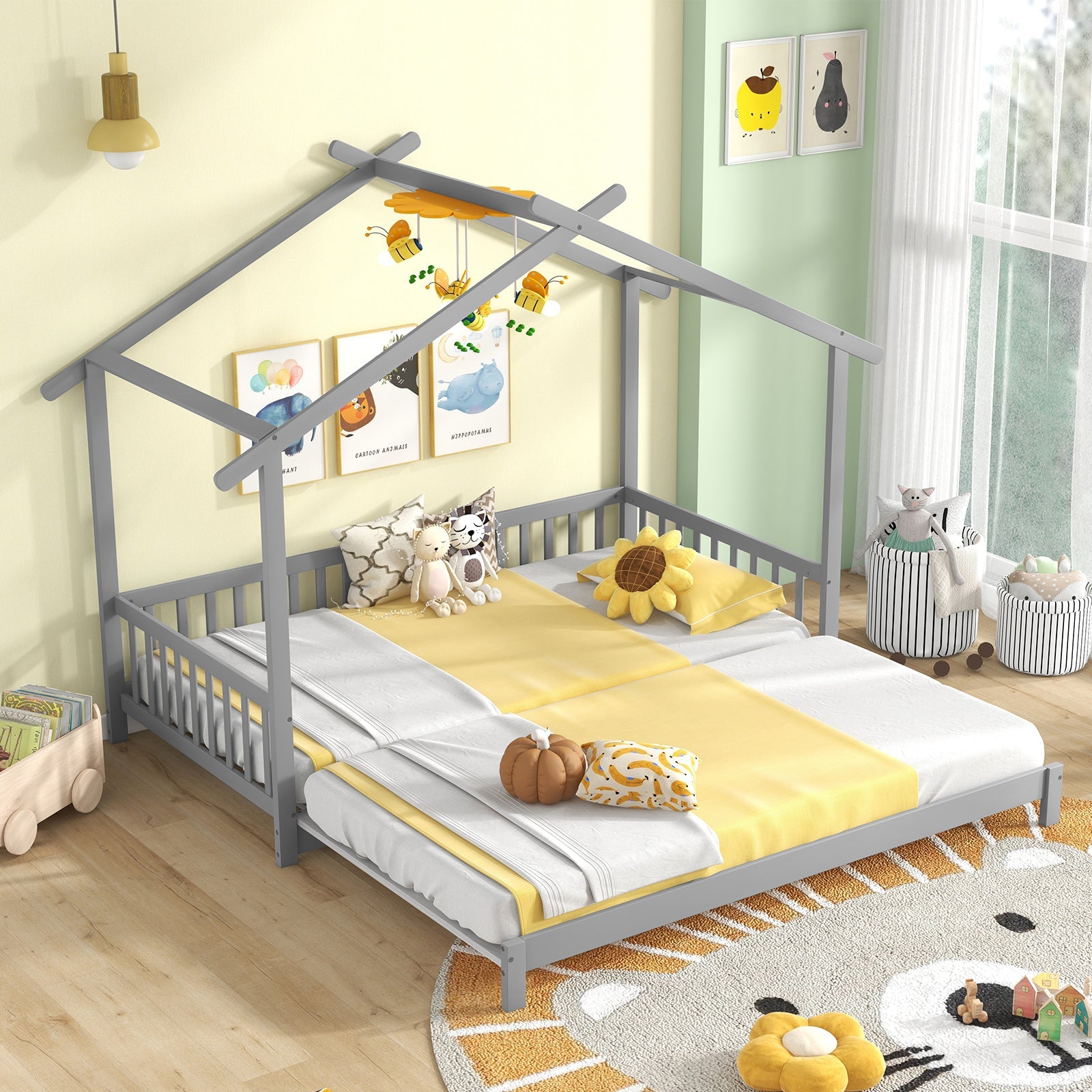 Extendable House Bed Twin to King Daybed with Roof and Fence Rails-Gray