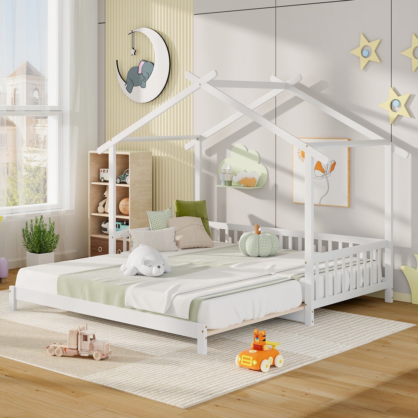 Extendable House Bed Twin to King Daybed with Roof and Fence Rails-White
