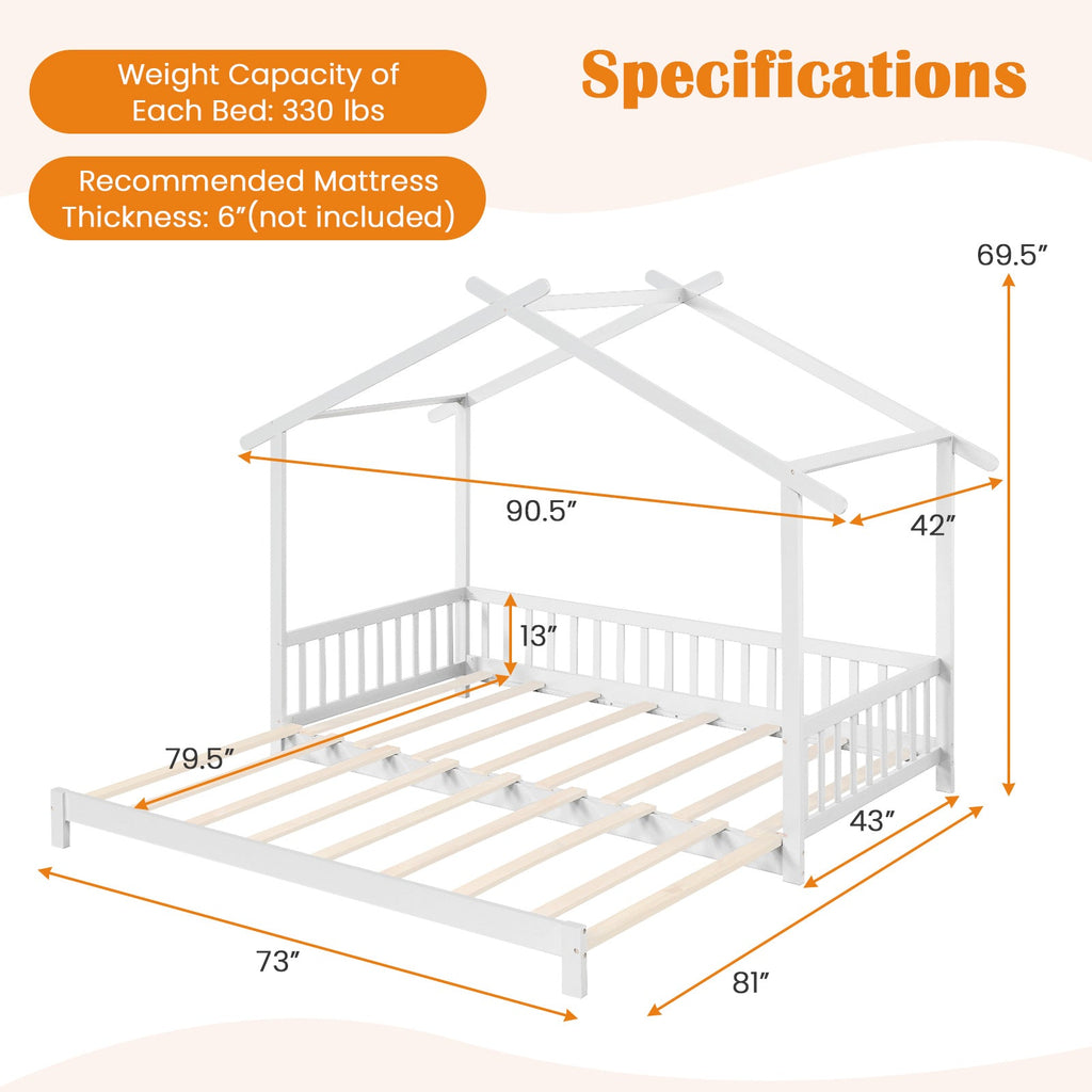 Extendable House Bed Twin to King Daybed with Roof and Fence Rails-White