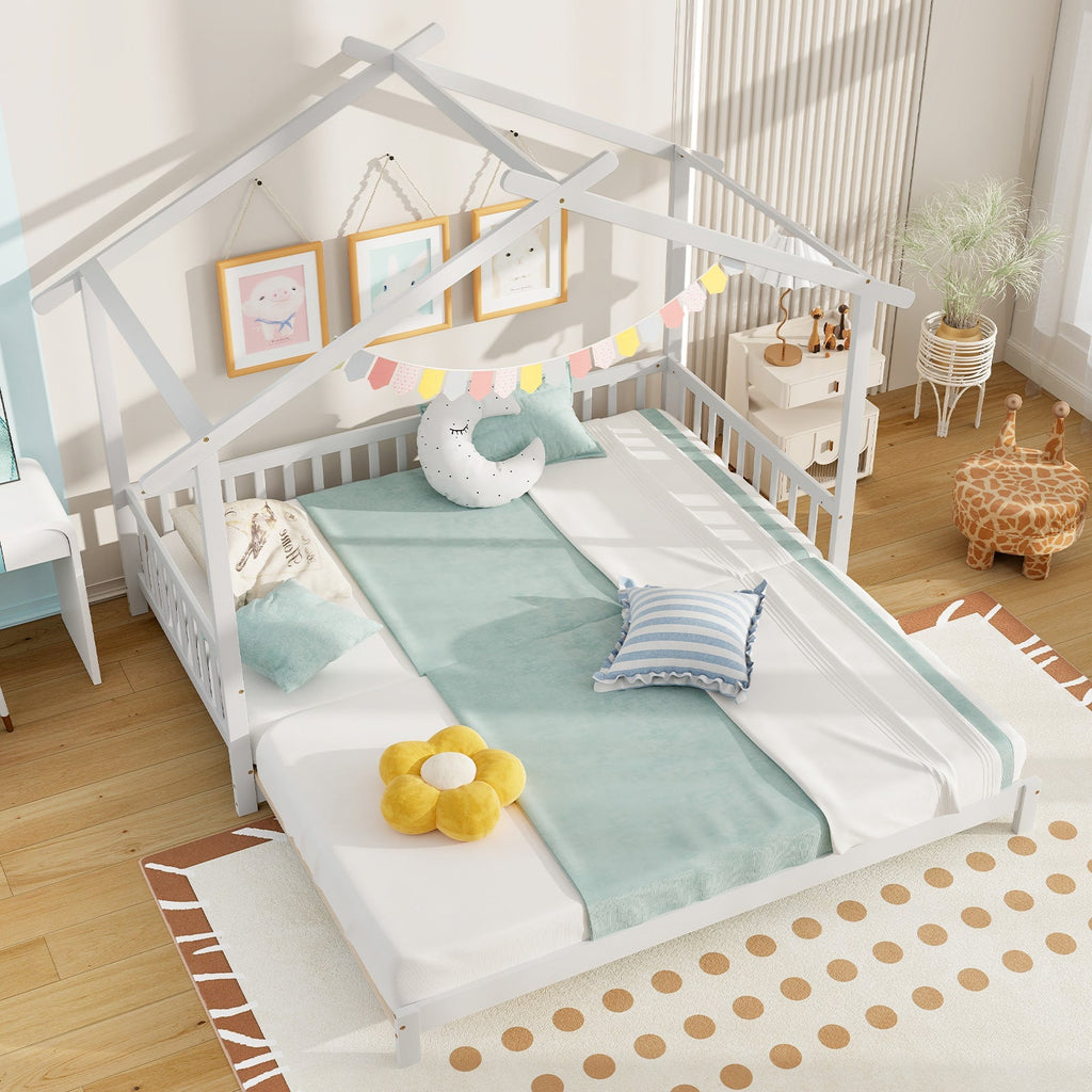 Extendable House Bed Twin to King Daybed with Roof and Fence Rails-White