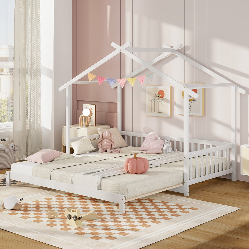 Extendable House Bed Twin to King Daybed with Roof and Fence Rails-White