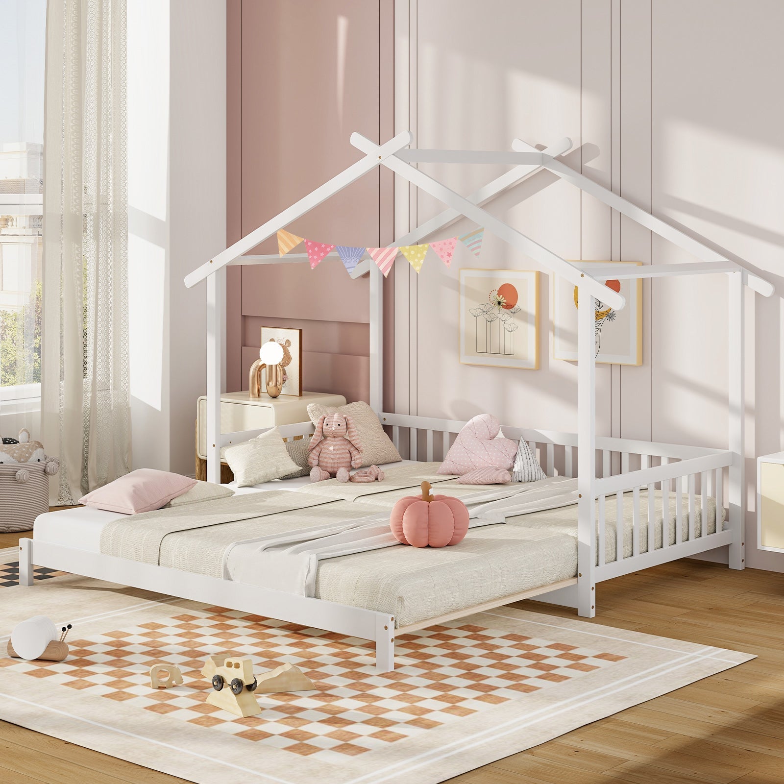 Extendable House Bed Twin to King Daybed with Roof and Fence Rails-White