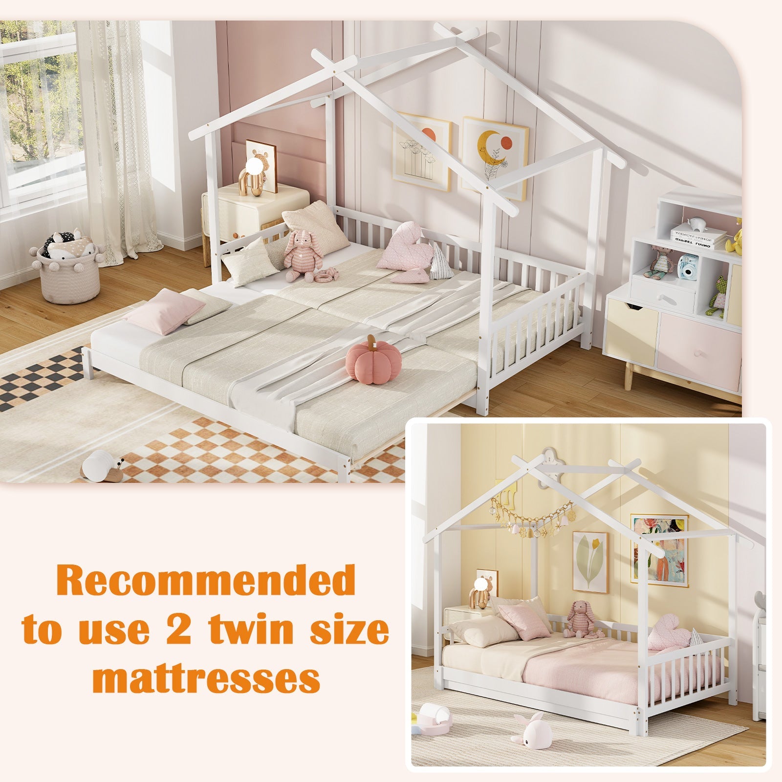 Extendable House Bed Twin to King Daybed with Roof and Fence Rails-White