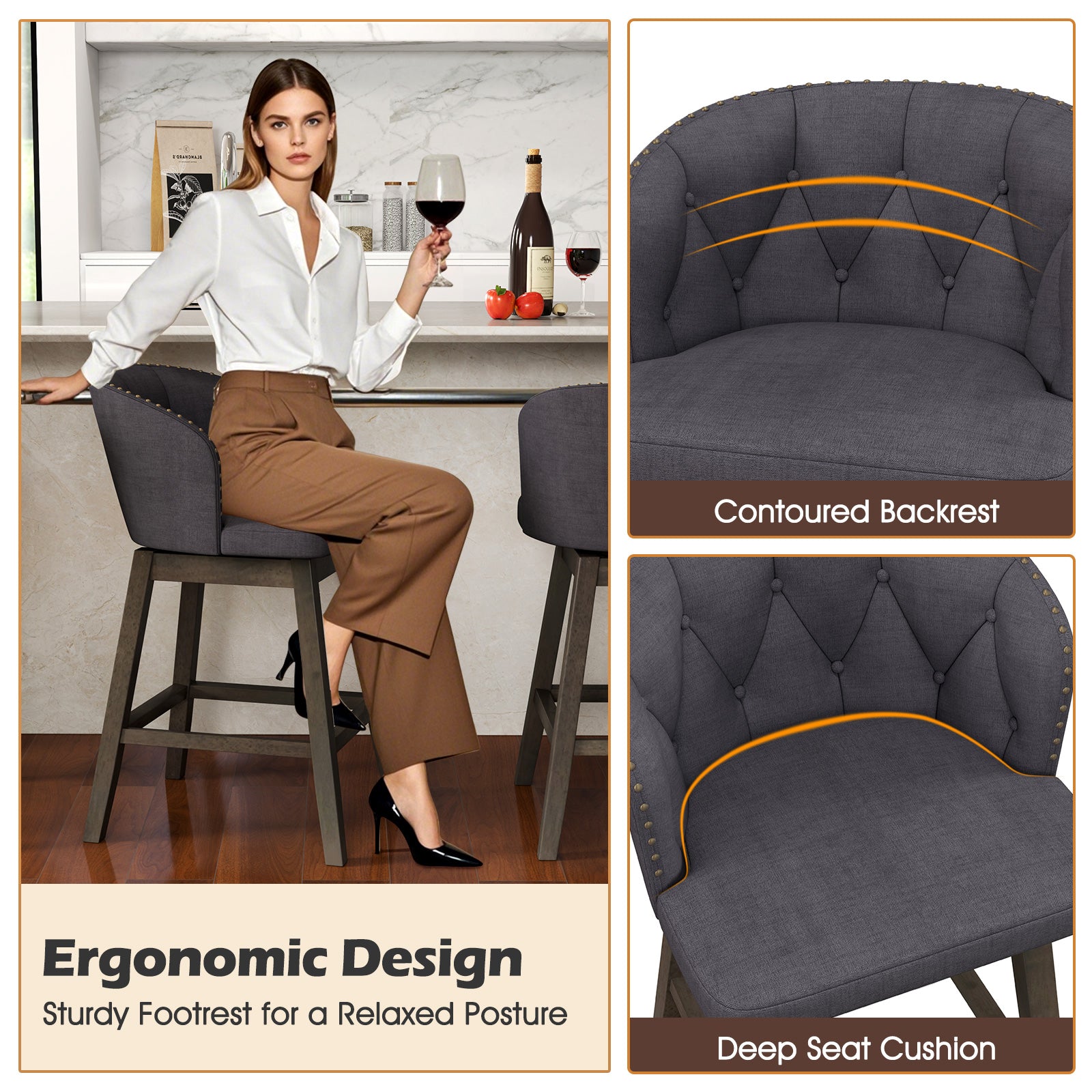 Counter Height Fabric Upholstered Bar Stools Set of 2-Gray