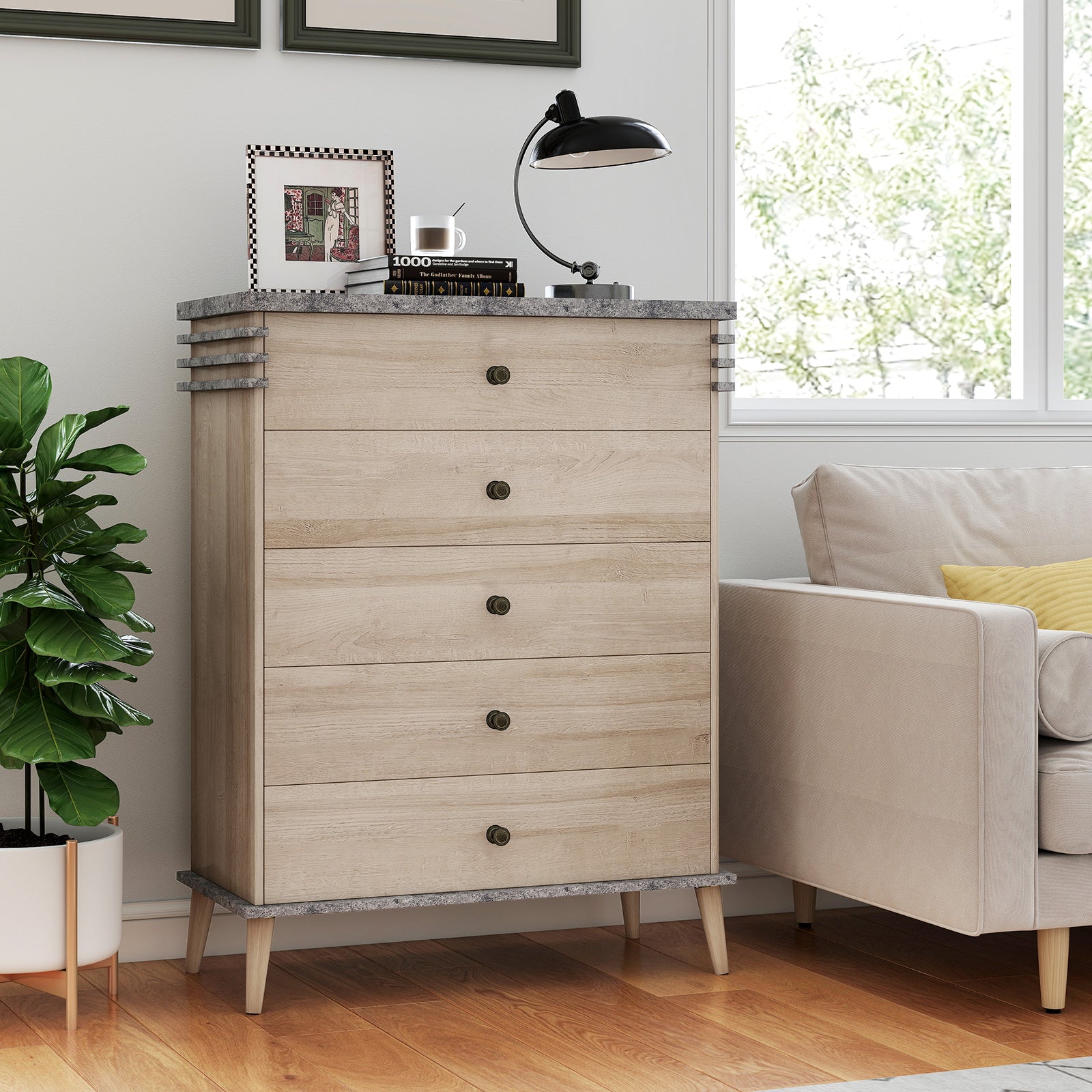 Farmhouse Chest Dresser of Drawers Tall Storage Organizer-Grey