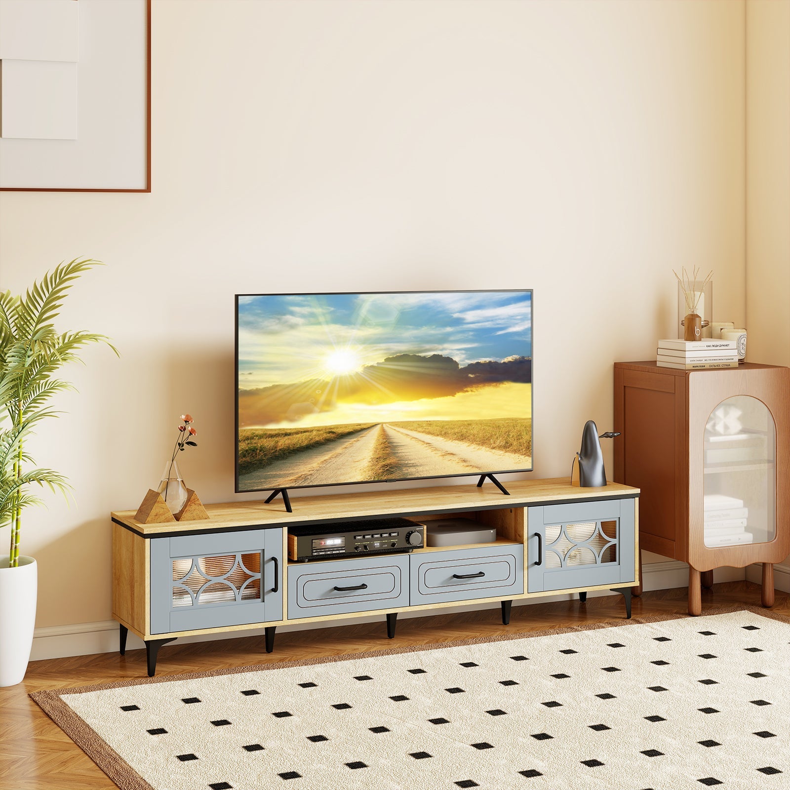 Farmhouse TV Stand for TVs up to 80 Inch with 2 Drawers-Oak and Gray