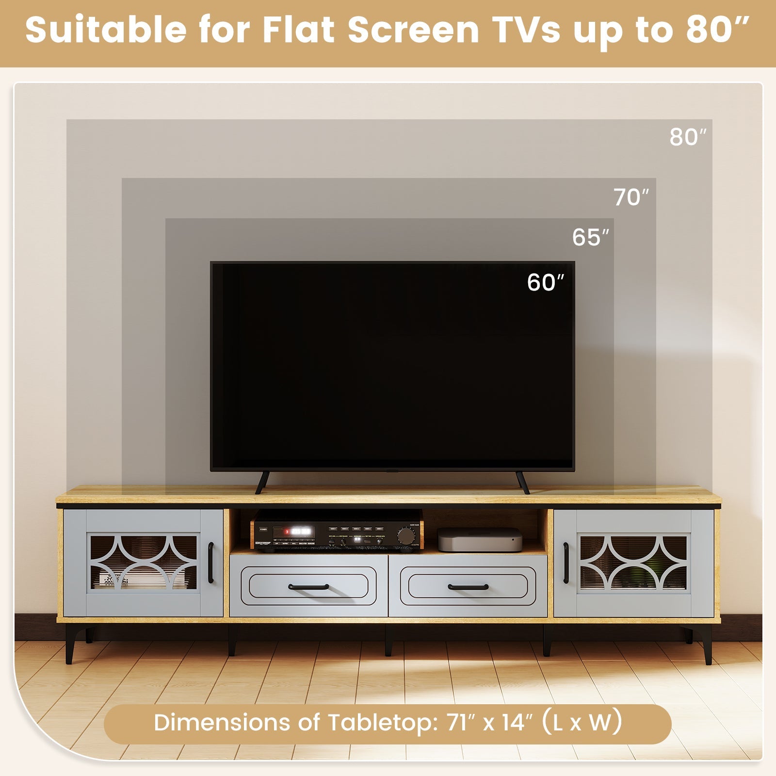 Farmhouse TV Stand for TVs up to 80 Inch with 2 Drawers-Oak and Gray