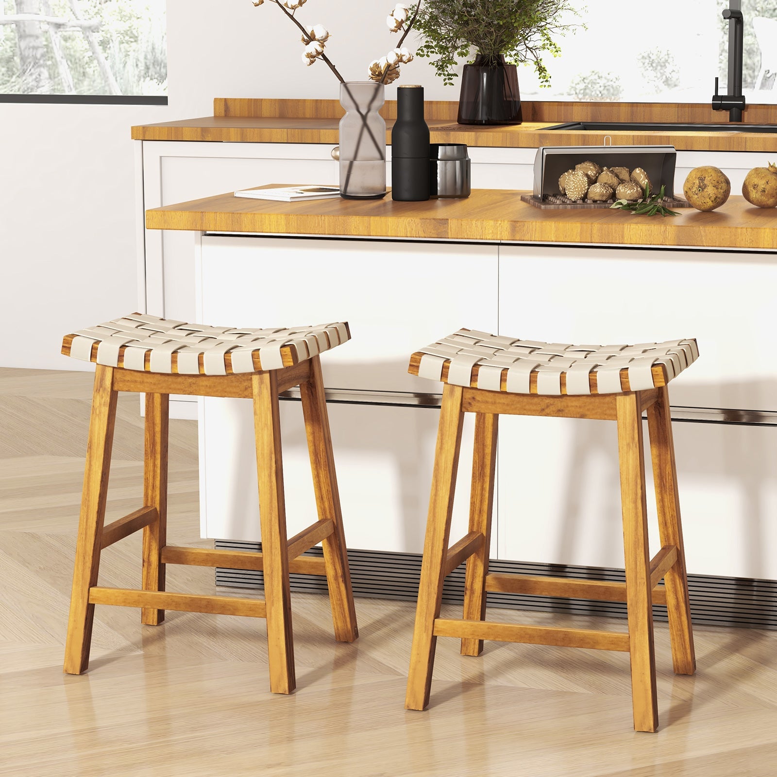 Faux PU Leather Bar Stools Set of 2 with Woven Curved Seat Natural-25.5 inches