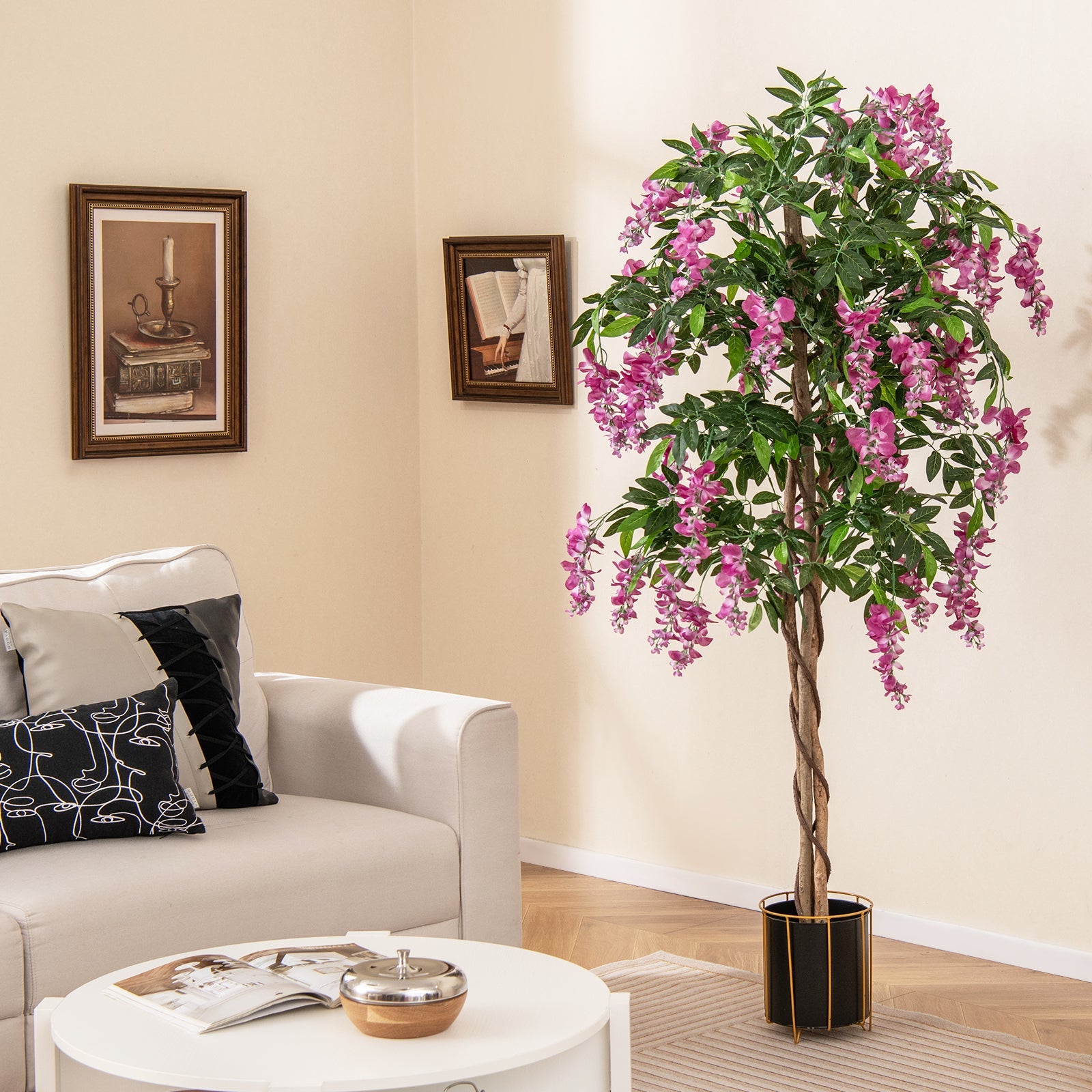 5.5 FT Faux Wisteria Plant in Nursery Pot with Blooming Flowers-Rose Red