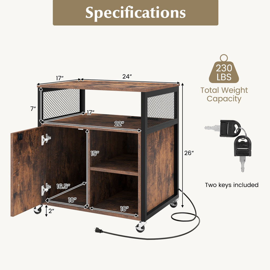 File Cabinet on Wheels with Charging Station and Cable Management Hole-Brown