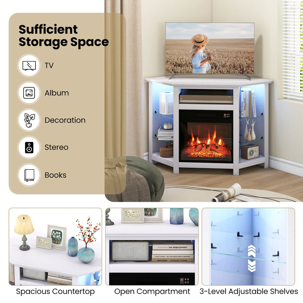 Fireplace Corner TV Stand with LED Lights and Smart APP Control for 50 Inches TV-White