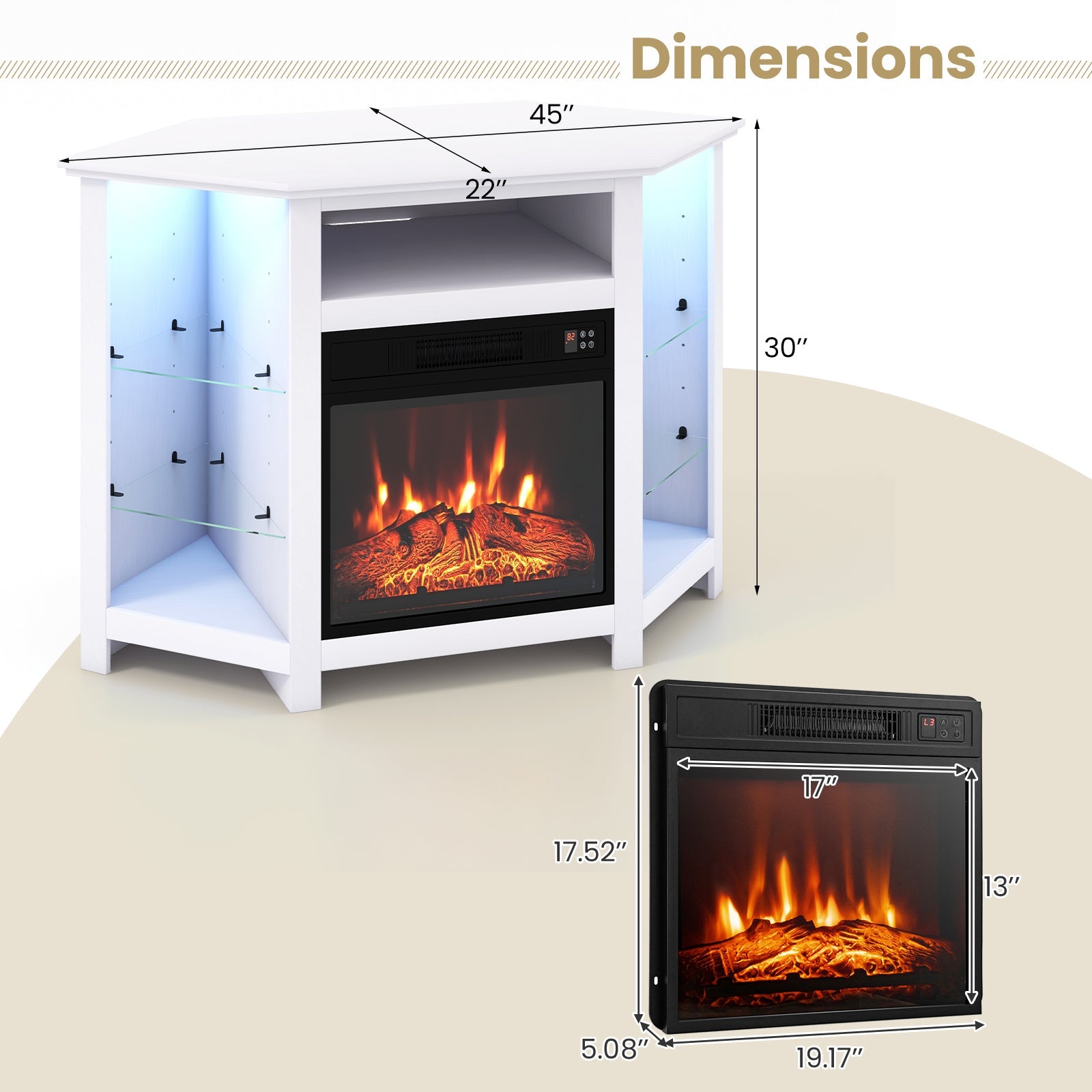 Fireplace Corner TV Stand with LED Lights and Smart APP Control for 50 Inches TV-White
