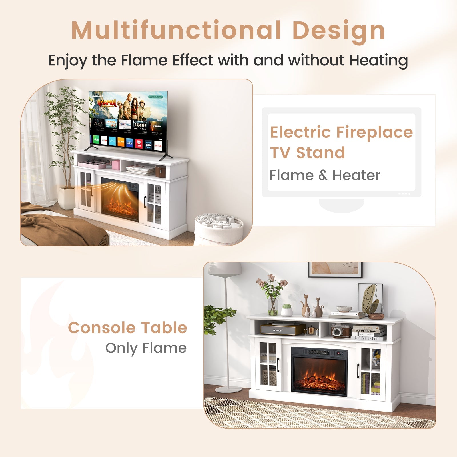 Fireplace TV Stand for TVs Up to 65 Inch with Side Cabinets and Remote Control-White
