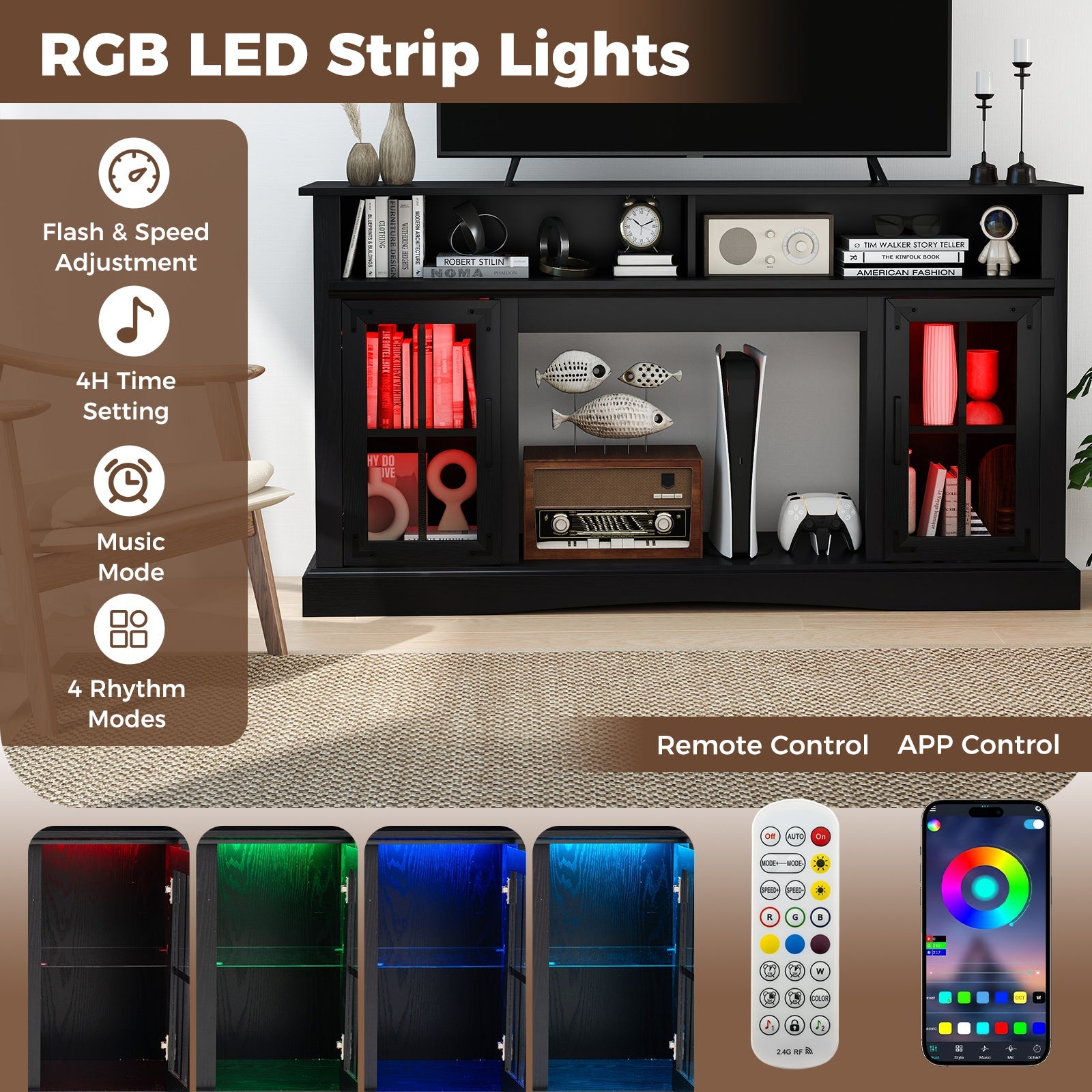 TV Stand with LED Lights and Remote Control-Black