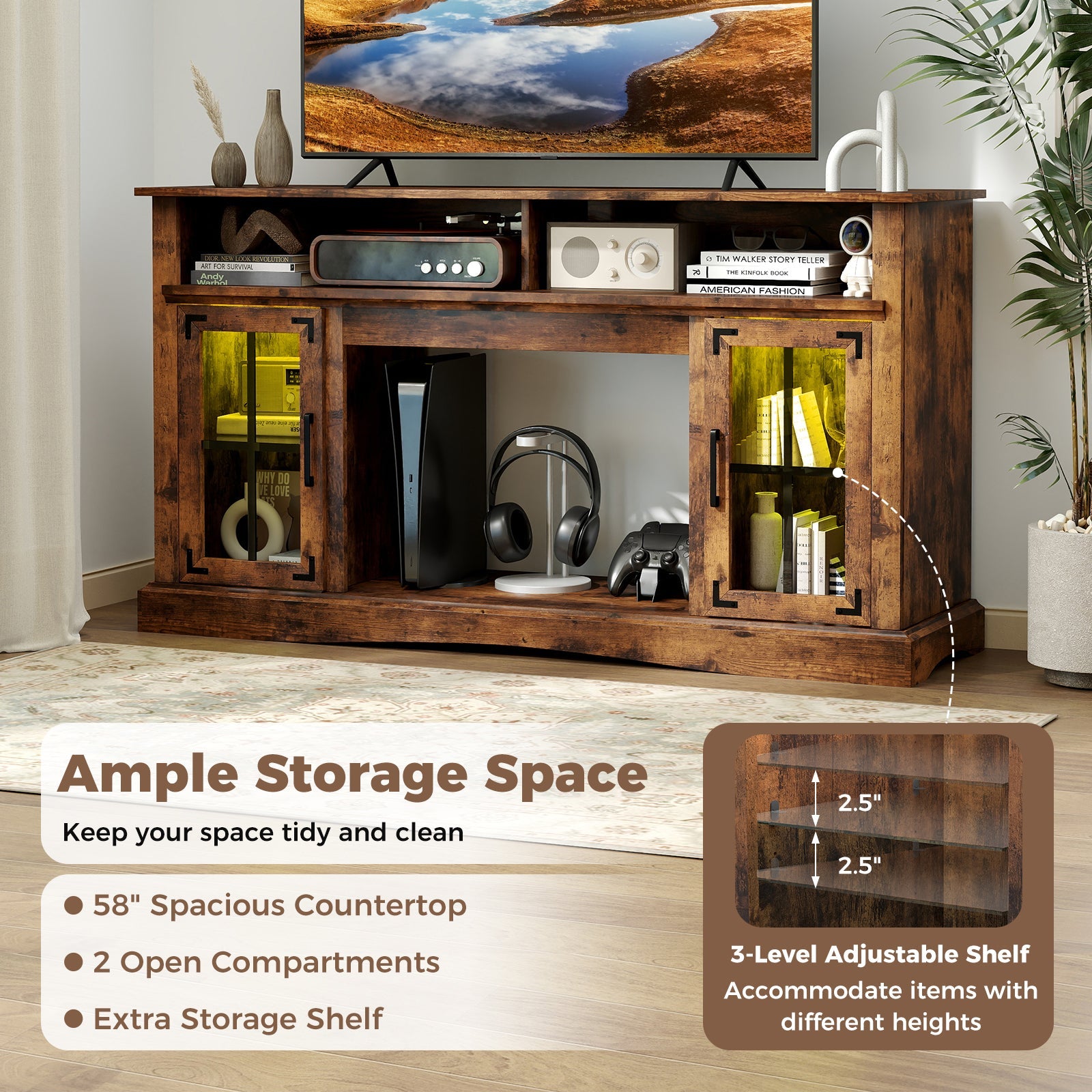 TV Stand with LED Lights and Remote Control-Rustic Brown