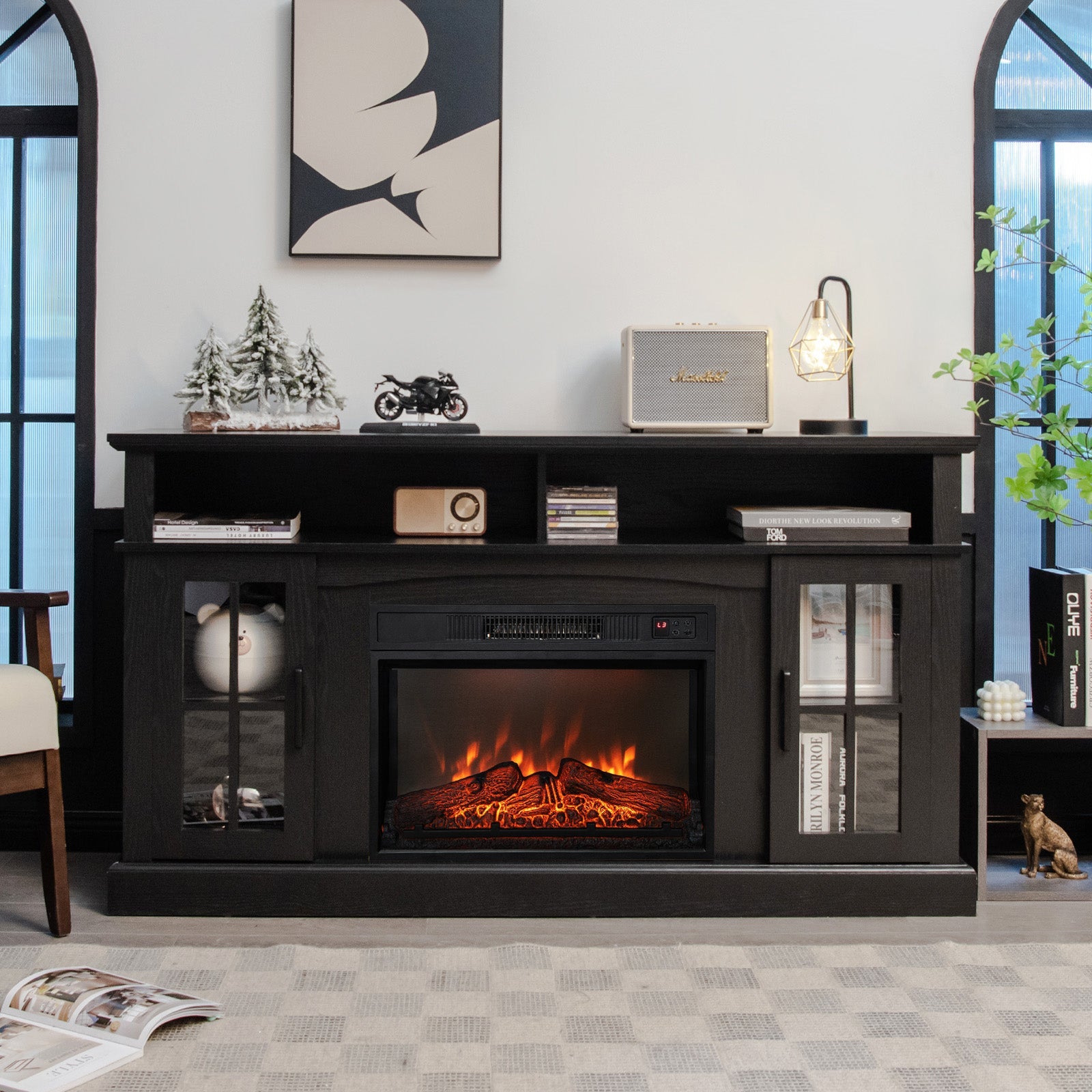 Fireplace TV Stand for TVs Up to 65 Inch with Side Cabinets and Remote Control-Black