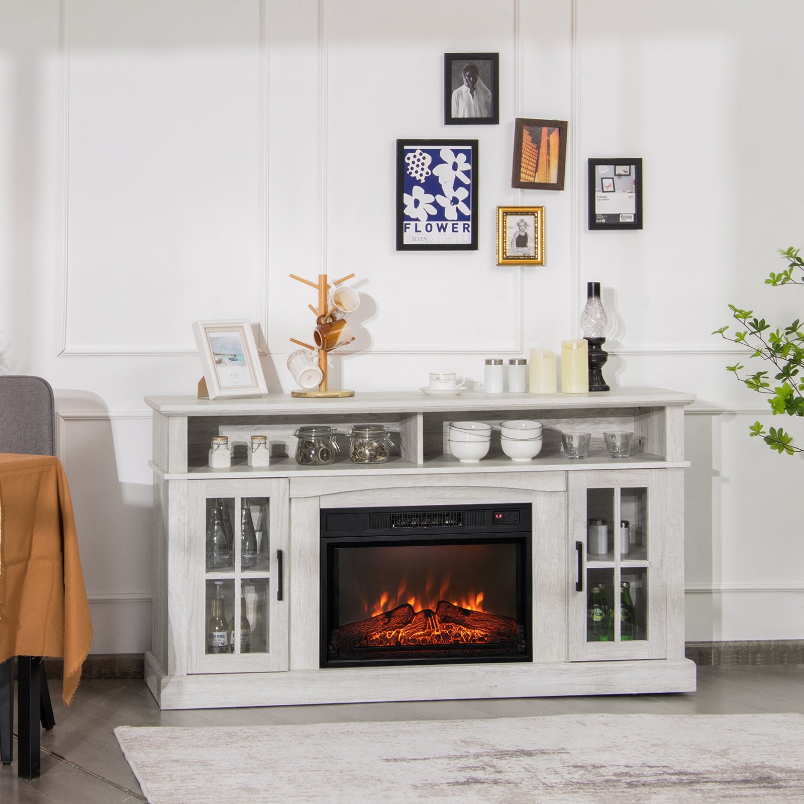 Fireplace TV Stand for TVs Up to 65 Inch with Side Cabinets and Remote Control-Gray