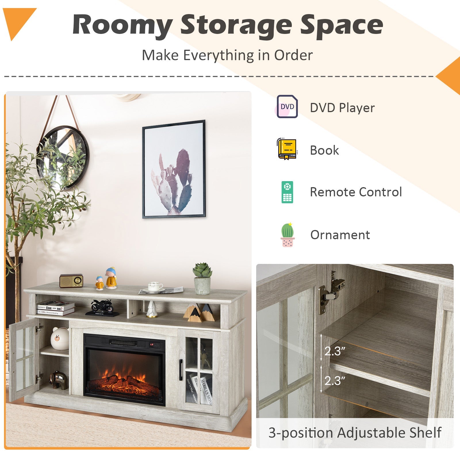 Fireplace TV Stand for TVs Up to 65 Inch with Side Cabinets and Remote Control-Gray