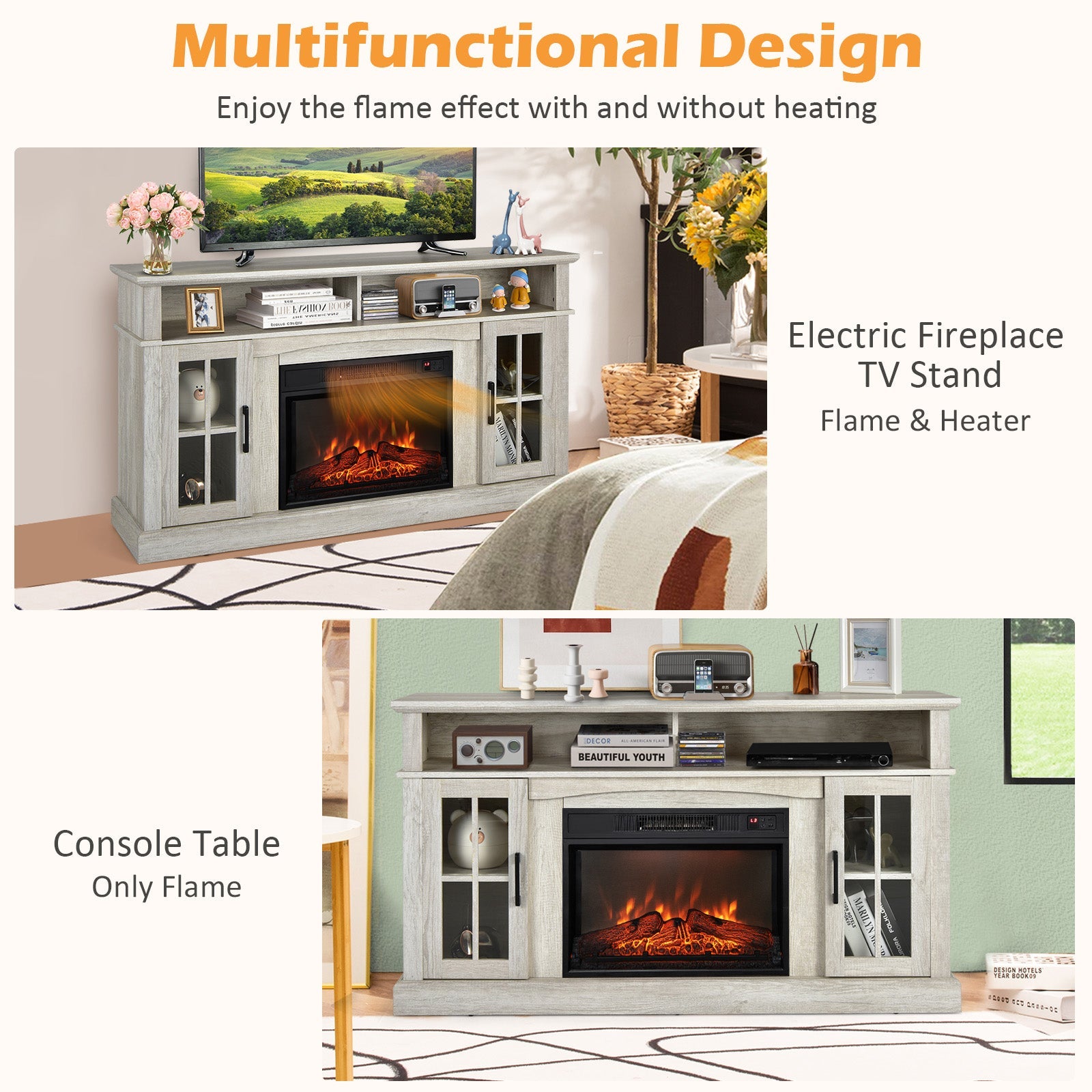 Fireplace TV Stand for TVs Up to 65 Inch with Side Cabinets and Remote Control-Gray