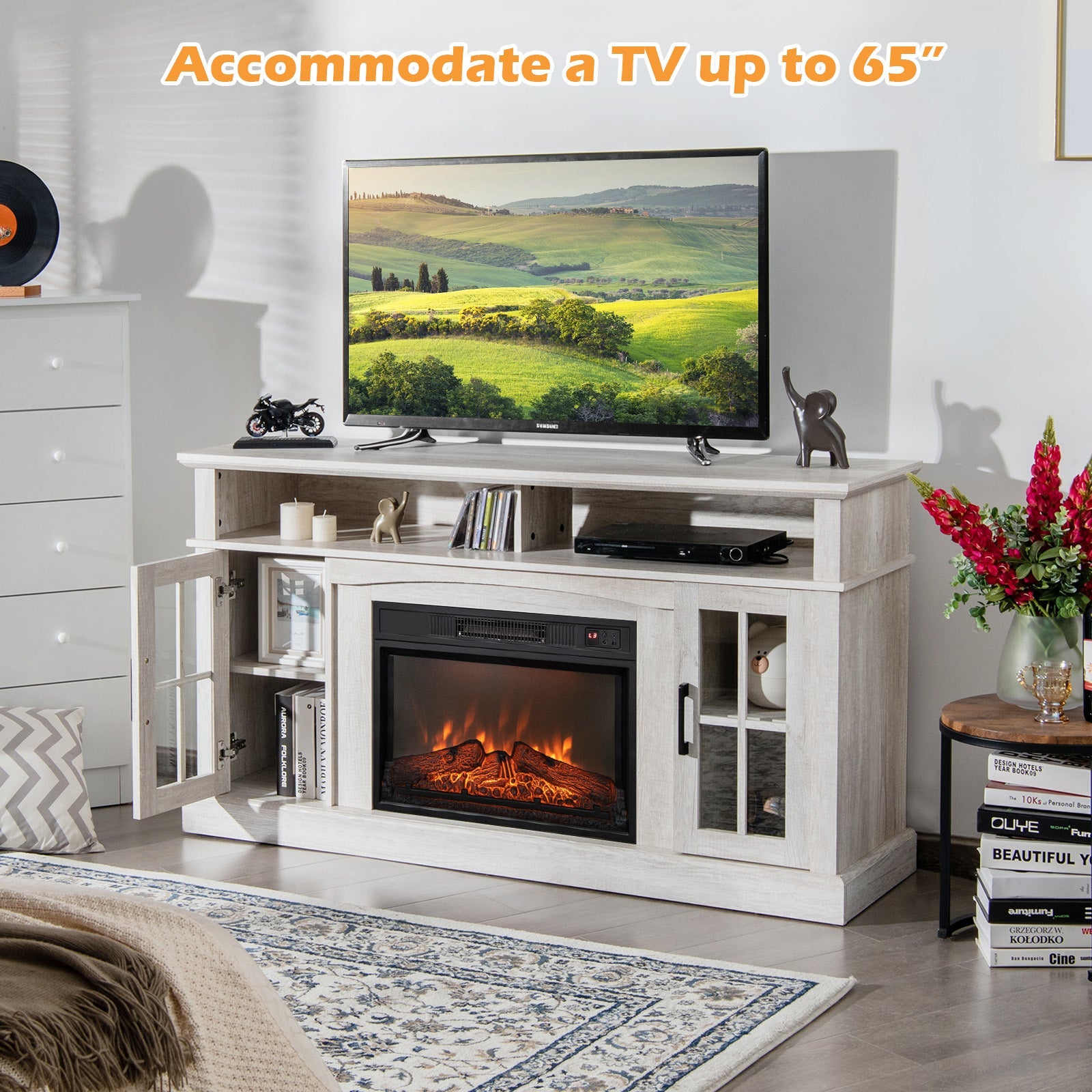 Fireplace TV Stand for TVs Up to 65 Inch with Side Cabinets and Remote Control-Gray