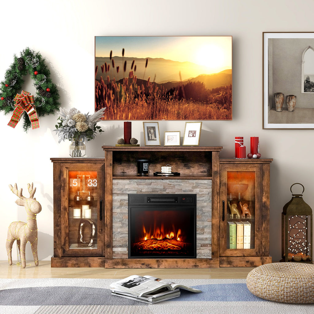 Fireplace TV Stand with 16-Color Led Lights for TVs up to 65 Inch-Brown