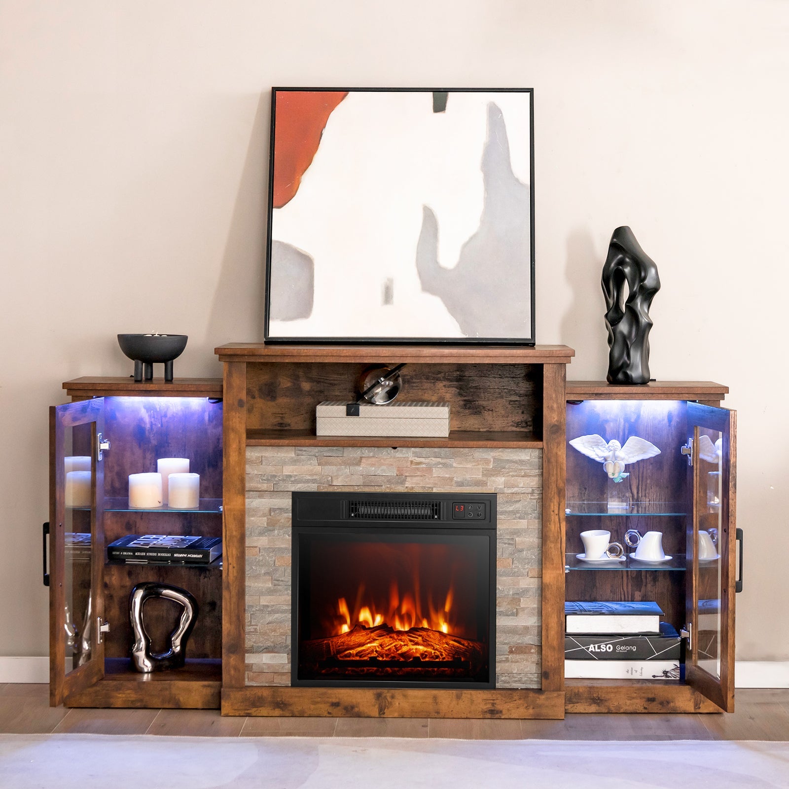 Fireplace TV Stand with 16-Color Led Lights for TVs up to 65 Inch-Brown